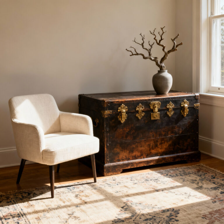 A photograph illustrating a sophisticated living room where a modern cream linen armchair is intentionally placed next to a heavily patinaed antique wooden chest, achieving a collected aesthetic through the blend of old and new elements.