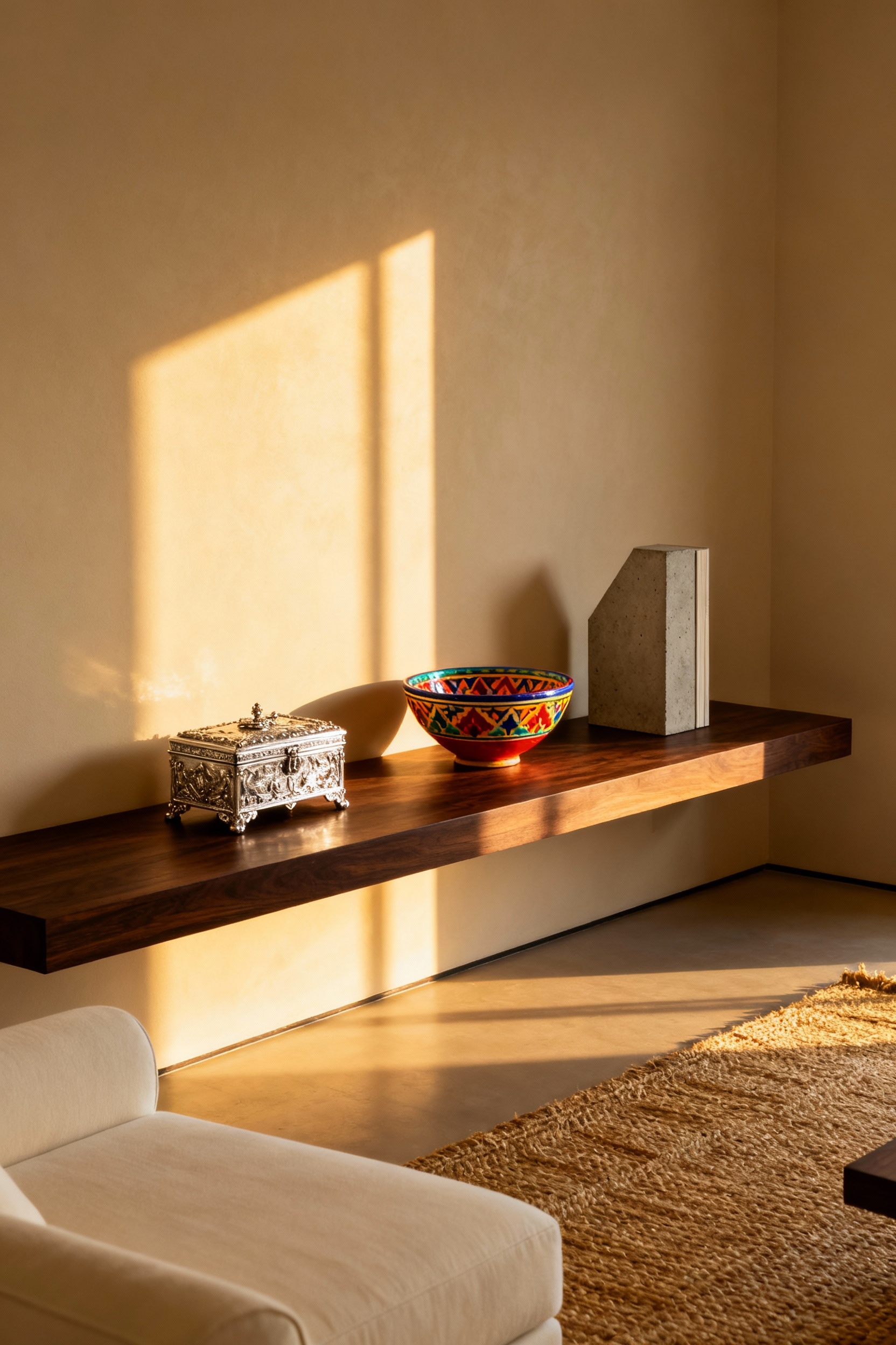 A minimalist dark oak console table in a living room displaying a curated trio of personal items—an ornate silver box, a colorful ceramic souvenir, and a modern concrete bookend—to demonstrate intentional artifact display without clutter.