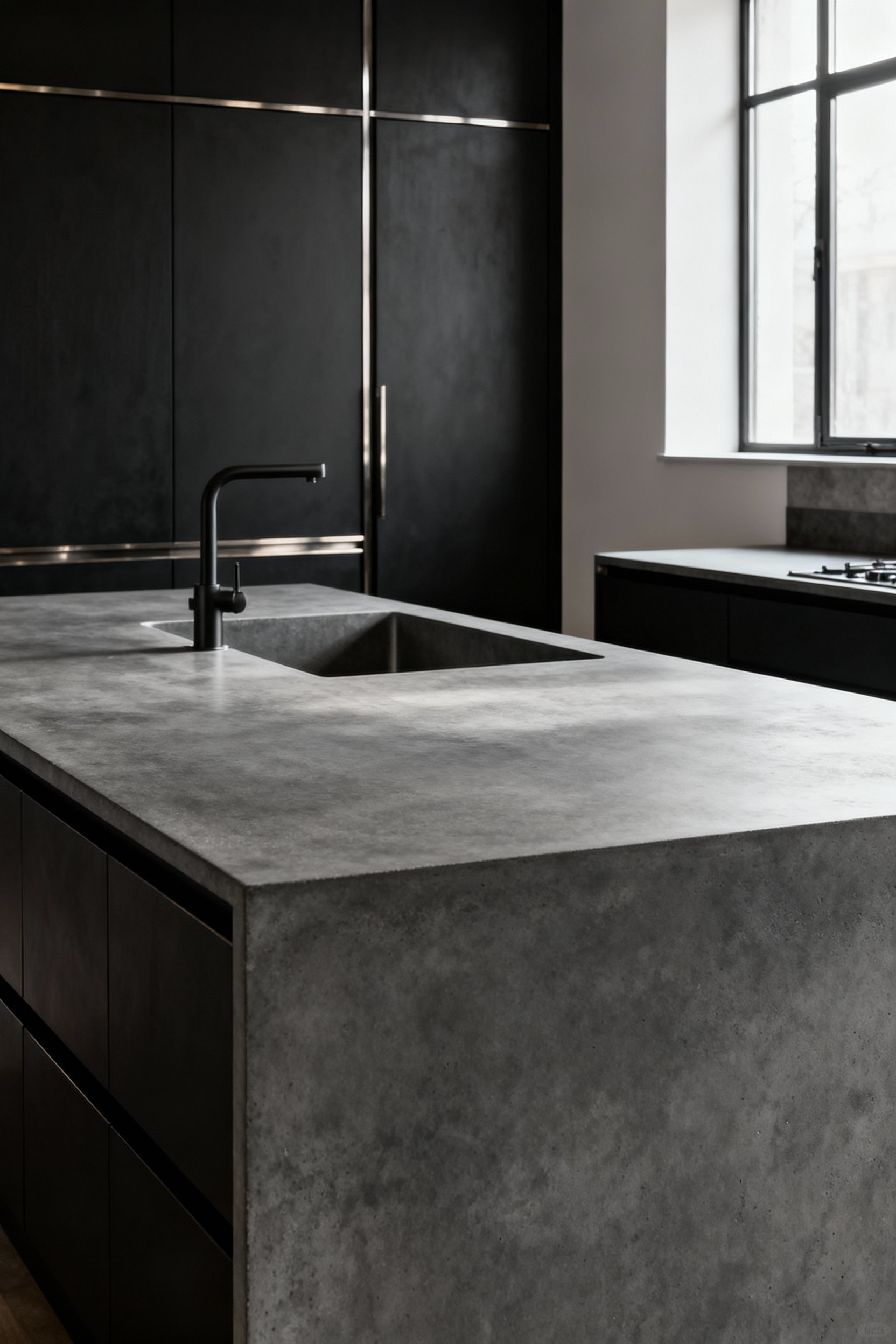 Modern kitchen island featuring a bespoke, industrial-chic custom concrete countertop in a honed charcoal grey finish, emphasizing its unique texture.