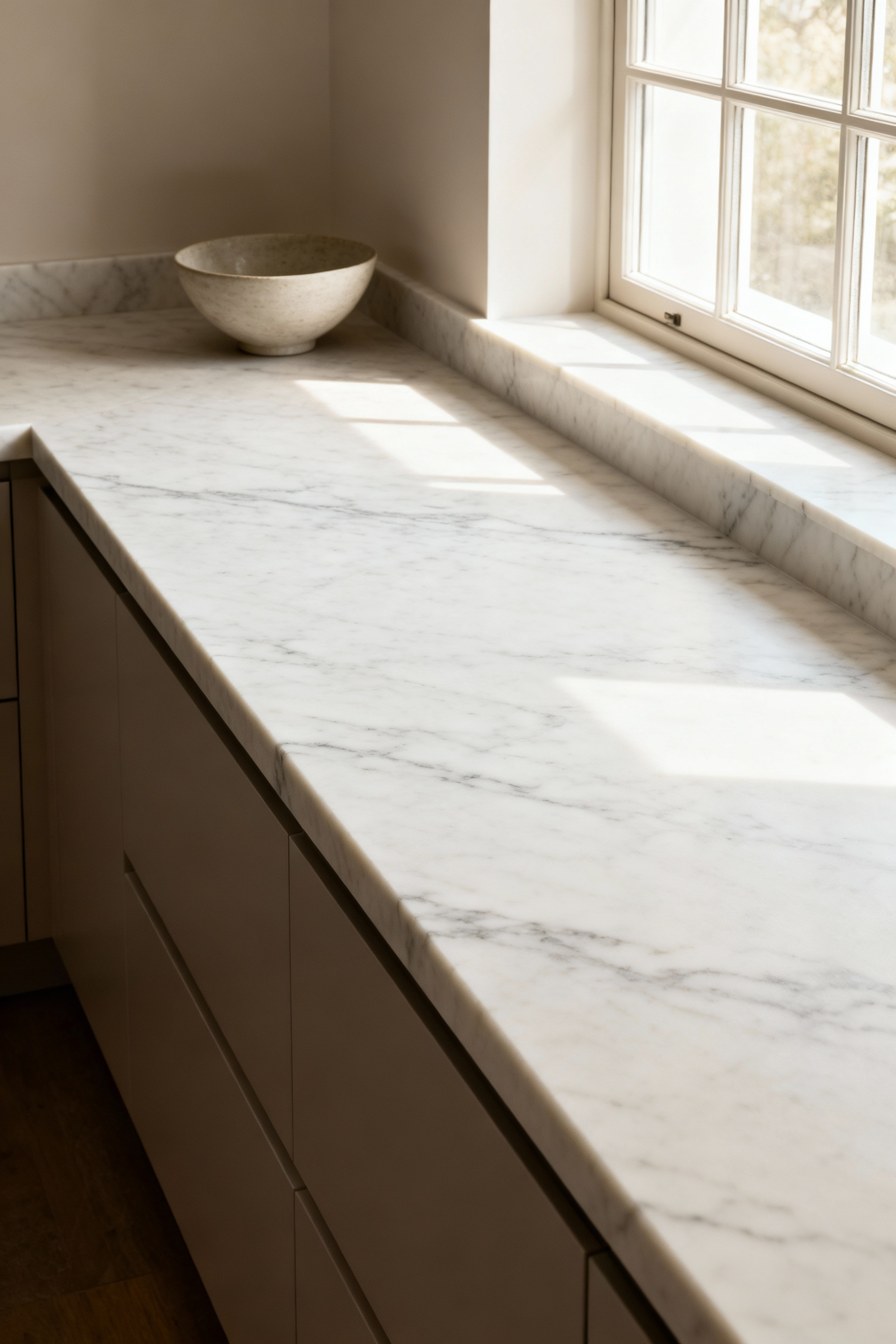 Custom white Statuario marble kitchen island countertop with mitered edge in a modern, luxurious kitchen, showcasing client-centric design and precise craftsmanship.