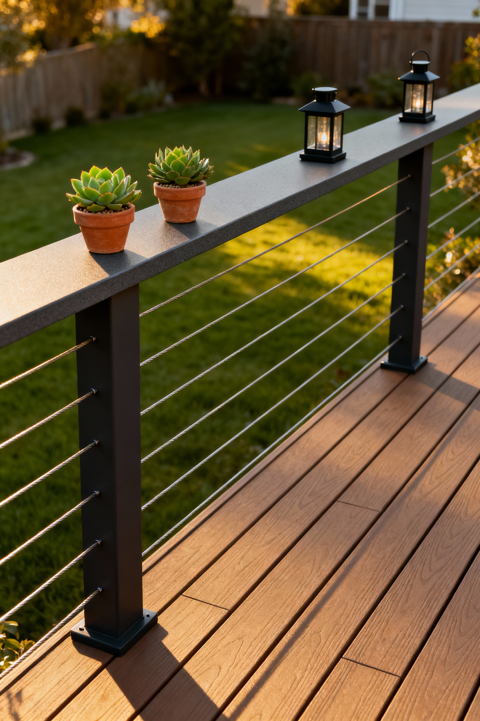 A modern composite deck featuring a wide, flat charcoal gray cocktail rail used as a merchandising shelf, decorated with terracotta pots of succulents and black outdoor lanterns above stainless steel cable railing.