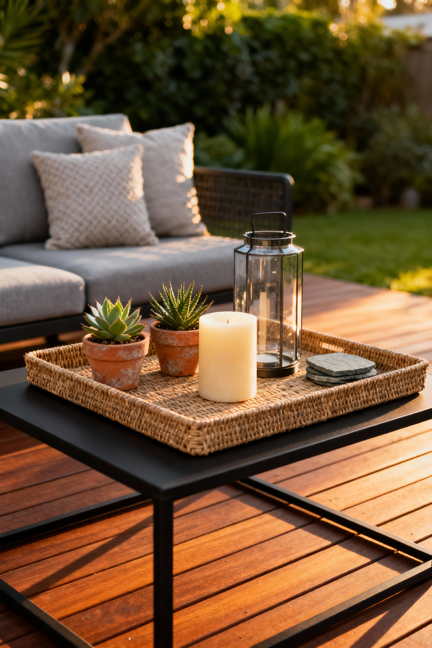 Outdoor coffee table vignette featuring a rectangular synthetic rattan tray styled with weather-resistant decor including succulents, a hurricane lantern, and coasters on a wooden deck.