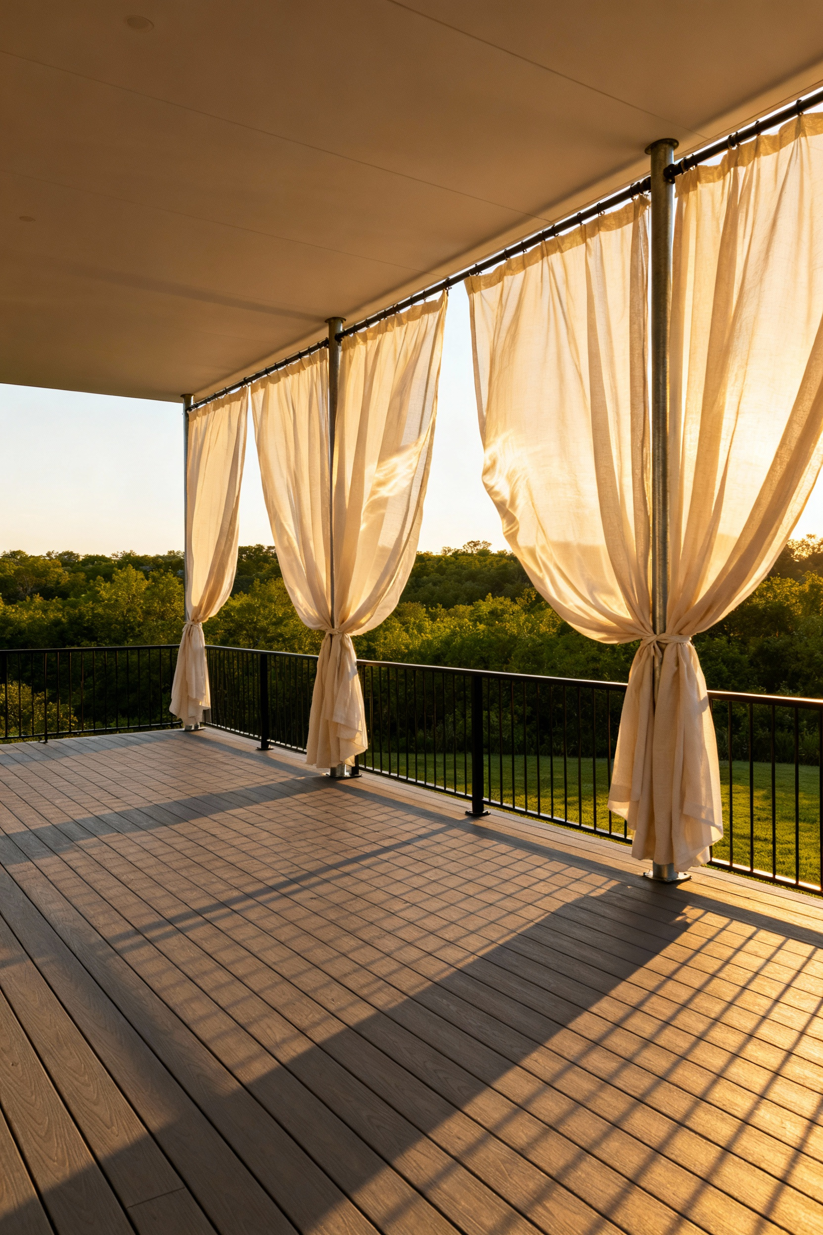 Luxurious decking decor featuring sheer, cream-colored outdoor drapery used strategically to soften the linear rigidity of the deck's metal and wood hardscape structure during golden hour.