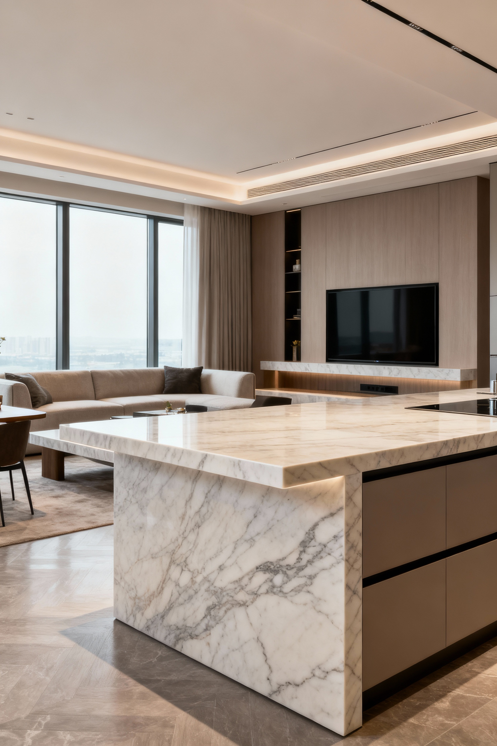 Luxurious open-plan kitchen featuring a veined natural stone kitchen island countertop, with a waterfall edge, demonstrating perfect design cohesion and synergy with the adjacent dining/living area through complementary materials and a continuous visual flow, showcasing a high-end, unified interior, no people.