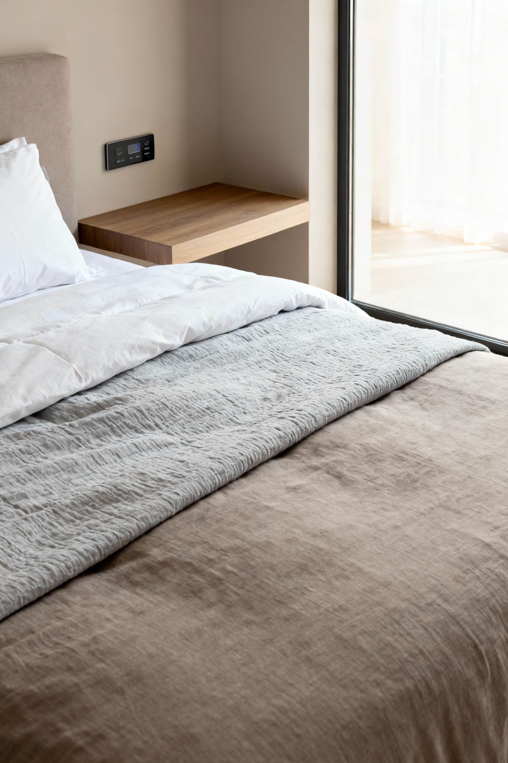 A photograph of a luxurious, minimalist bedroom featuring a king-sized bed prepared with two separate duvets, illustrating the Scandinavian sleeping method for couples seeking personalized thermal comfort.