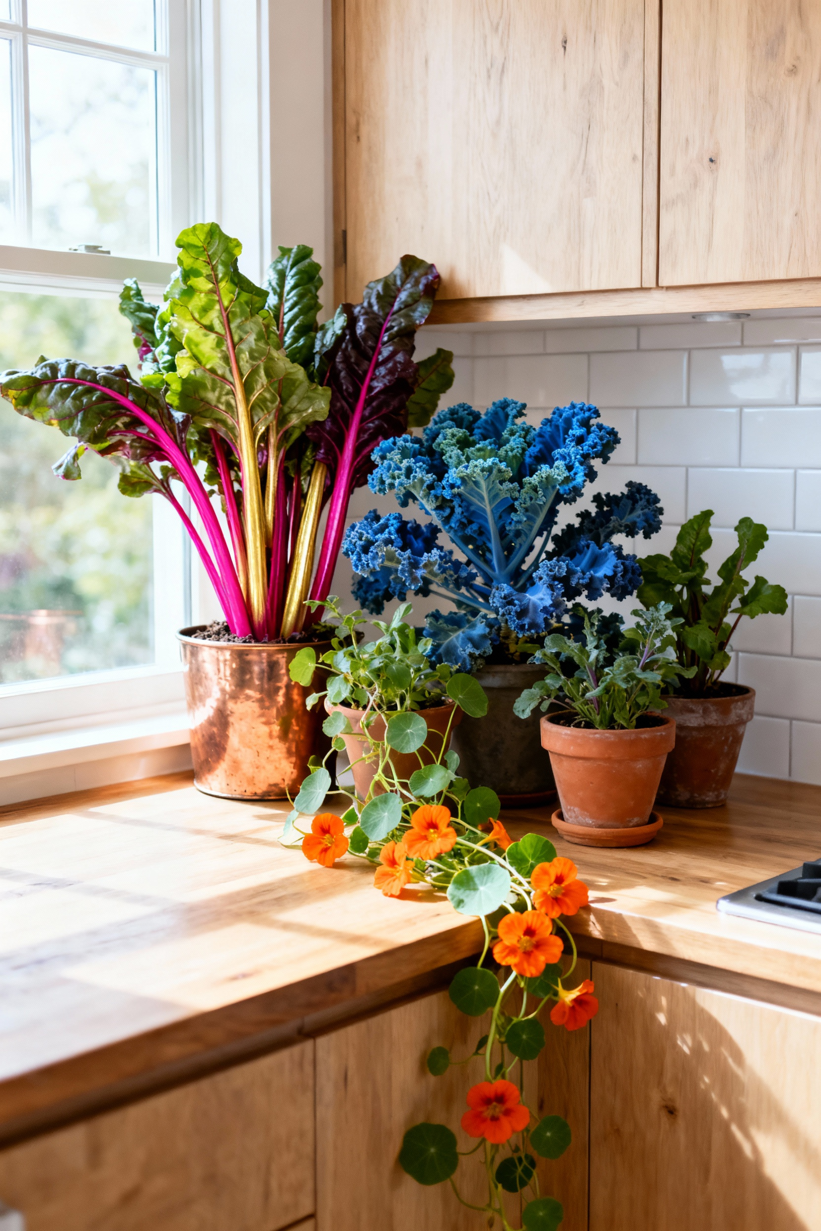 Potted Rainbow Swiss Chard, architectural Kale, and trailing Nasturtiums displayed as living sculpture in a bright, green kitchen design with natural light.