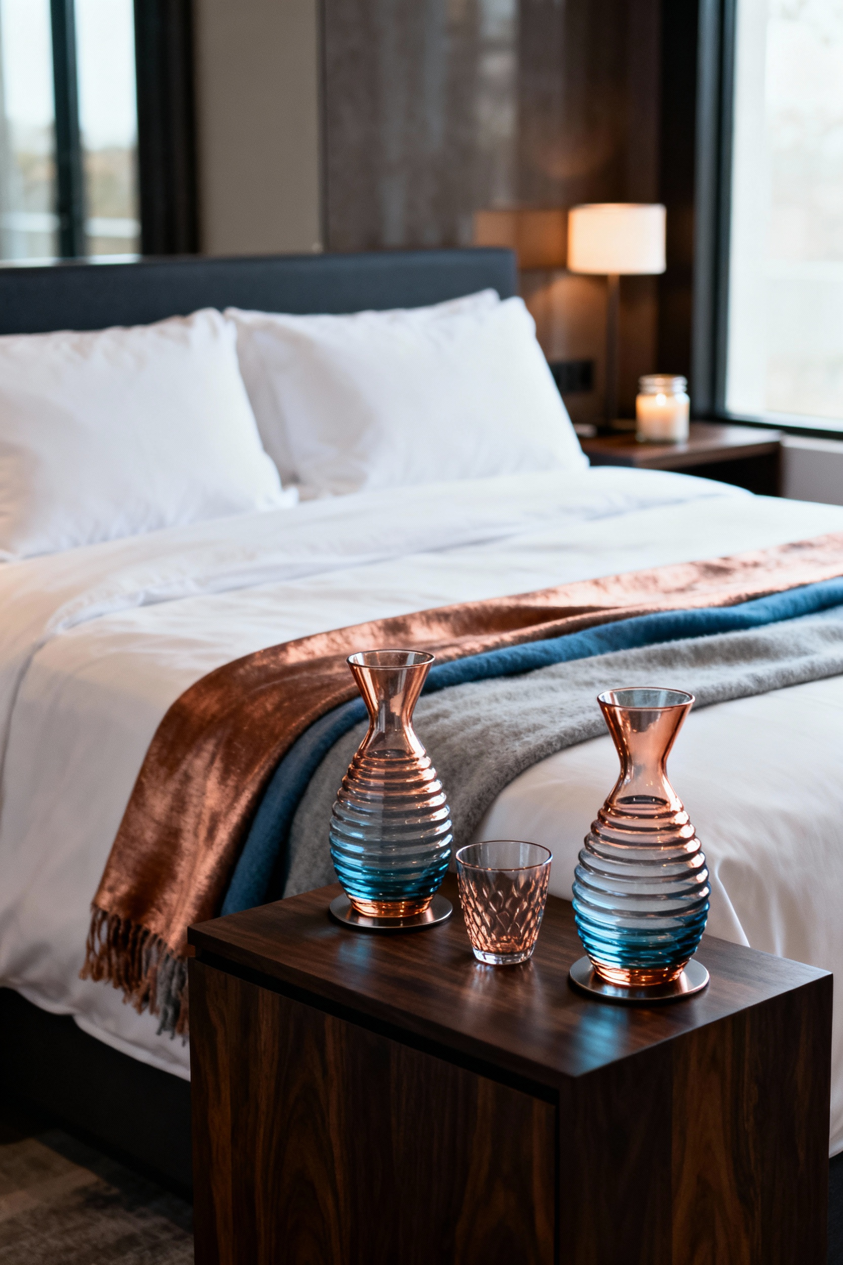 Two matching clear ripple glass and copper-blue bedside carafes and tumblers serving as elegant hydration stations on twin nightstands in a luxury couples' bedroom.