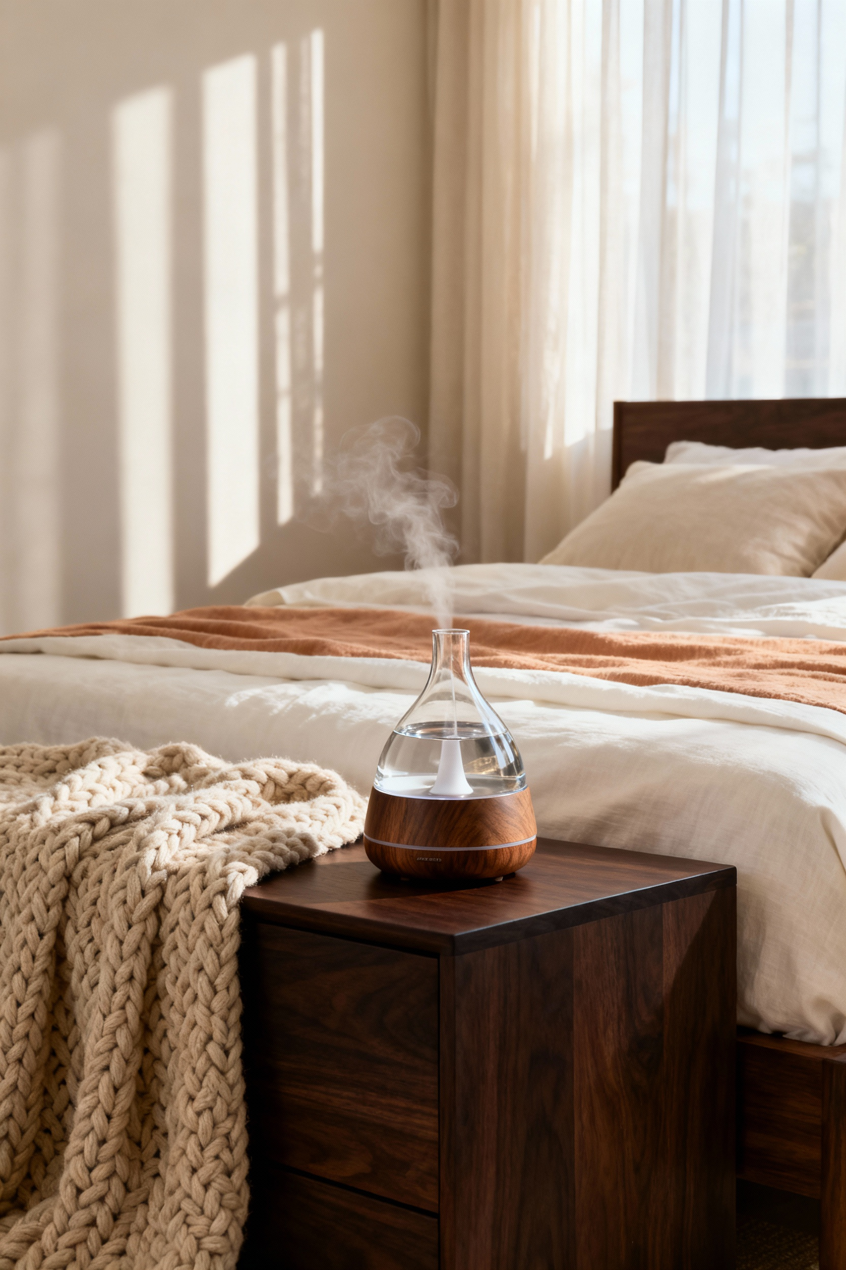 A serene, luxurious bedroom interior featuring a nebulizing essential oil diffuser placed on a minimalist wooden bedside table, emphasizing sophisticated aromatherapy for a couple's retreat.