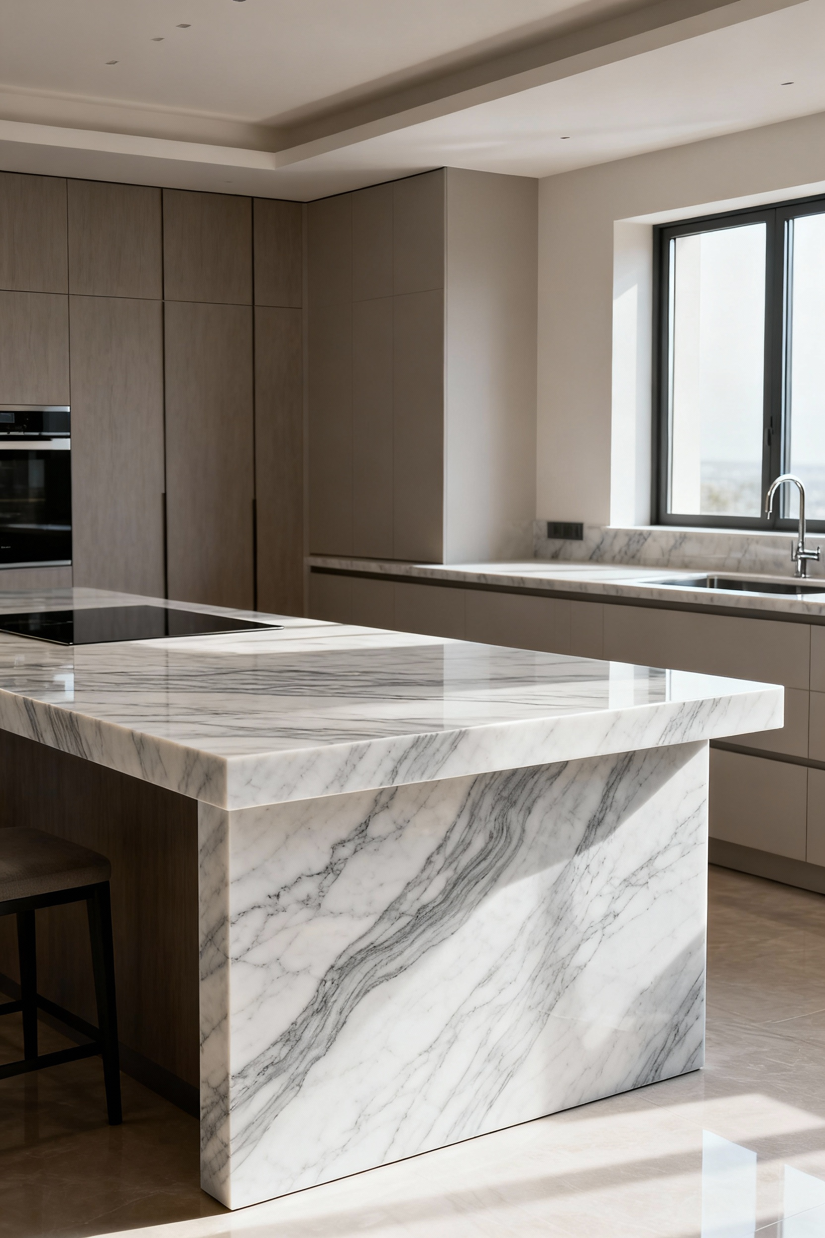 Luxurious kitchen island with a white engineered quartz countertop, featuring consistent grey veining and a seamless waterfall edge, showcasing its elegance and easy maintenance.