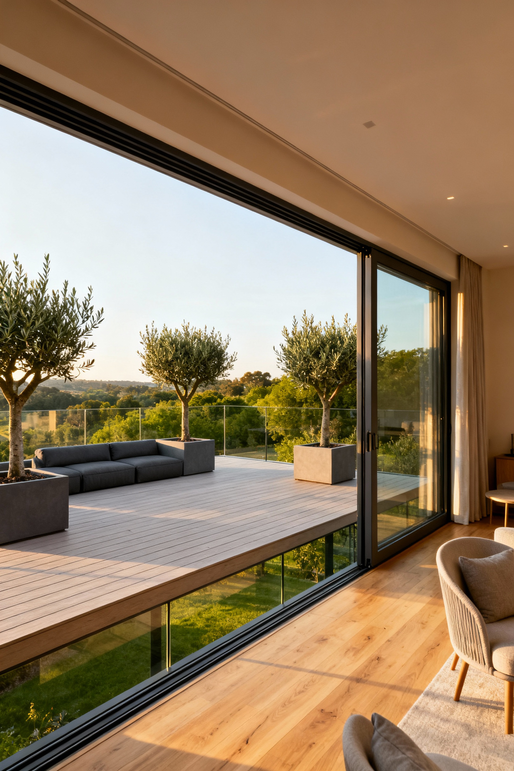 A photograph showcasing a modern living room looking through wide glass doors onto a composite deck with minimal glass railings, demonstrating how unencumbered sightlines create a visual extension of the indoor space.