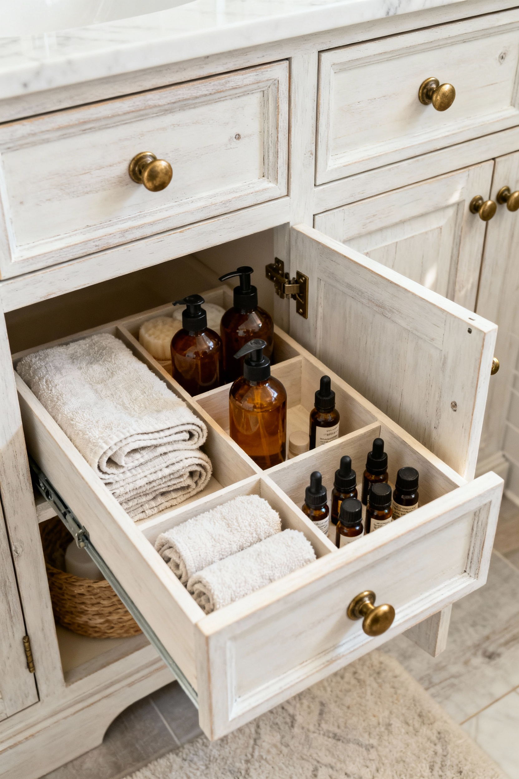 A farmhouse bathroom featuring custom-designed apothecary storage cabinetry made from natural wood, revealing meticulously organized personal care items within, emphasizing elegant and functional organization.