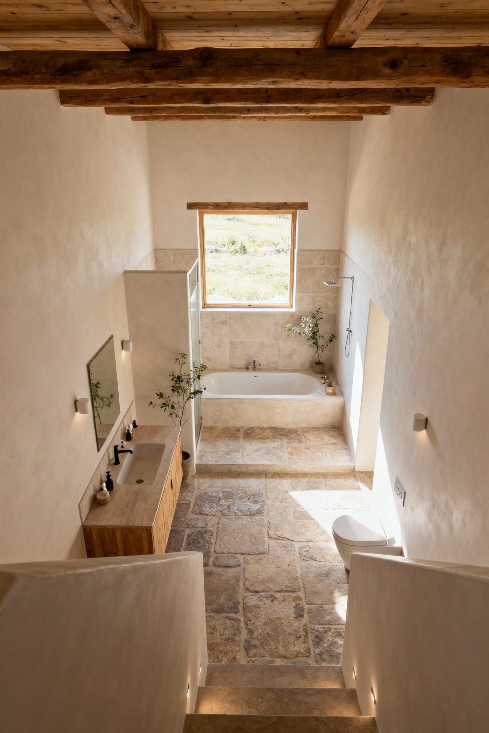 A beautifully designed farmhouse bathroom featuring an intentional layout, clear pathways, distinct functional zones, abundant natural light, and biophilic elements creating a serene and restorative environment.