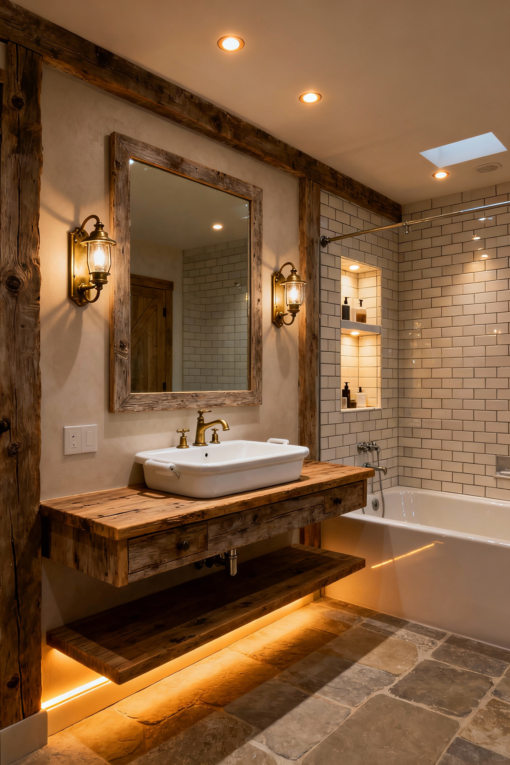 A beautifully lit farmhouse bathroom showcasing layered lighting with ambient recessed lights, task lighting from elegant vanity sconces, and accent lighting from toe-kick LED strips and niche puck lights, creating a warm and functional space.