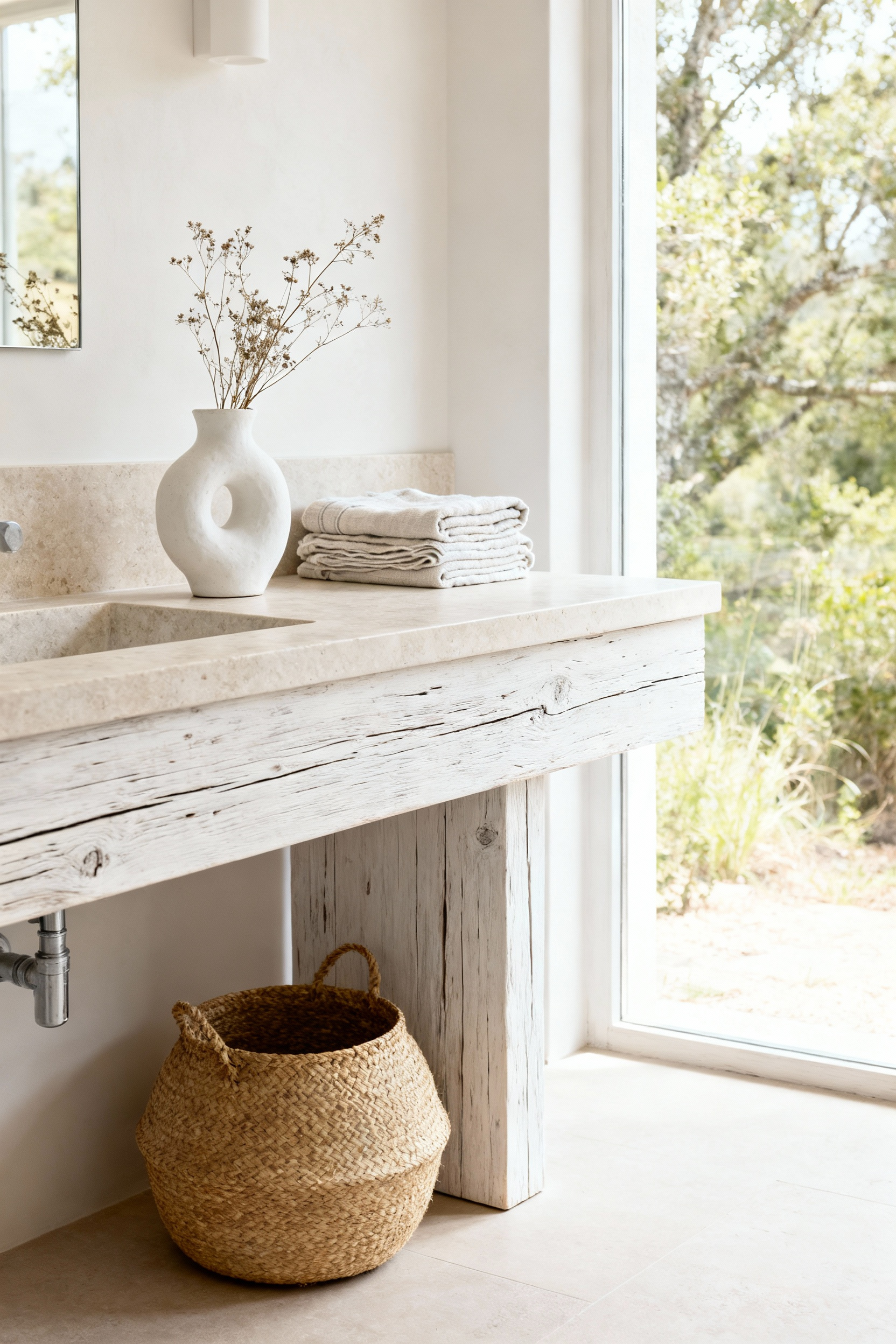 A beautifully minimalist farmhouse bathroom featuring a reclaimed wood vanity, honed stone countertop, and carefully curated pastoral accents like a ceramic vase with dried botanicals and organic linen towels. The space is bright, naturally lit, and exceptionally uncluttered, emphasizing serenity.