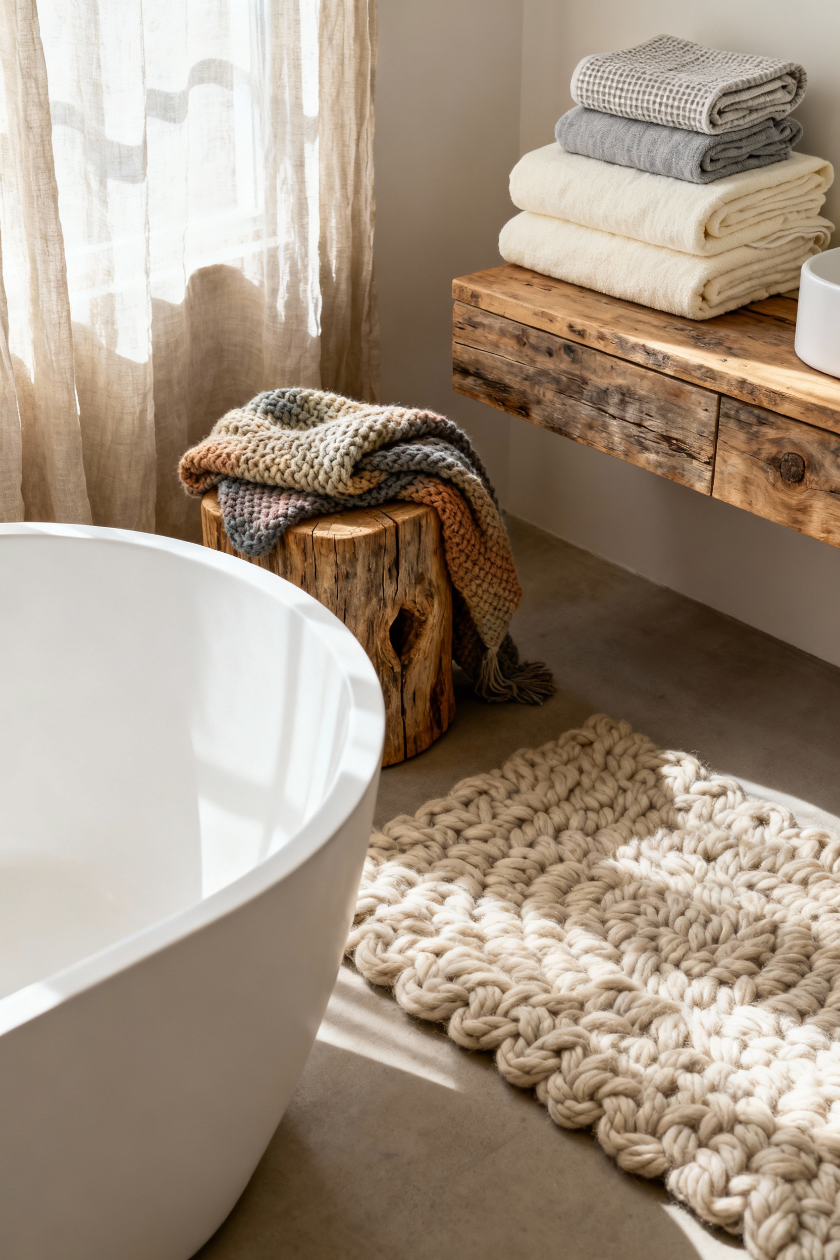 Farmhouse bathroom with layered organic textiles, including plush cotton bath sheets, waffle-weave linen towels, a chunky knit throw on a rustic stool, and an organic wool bath rug, bathed in natural light.