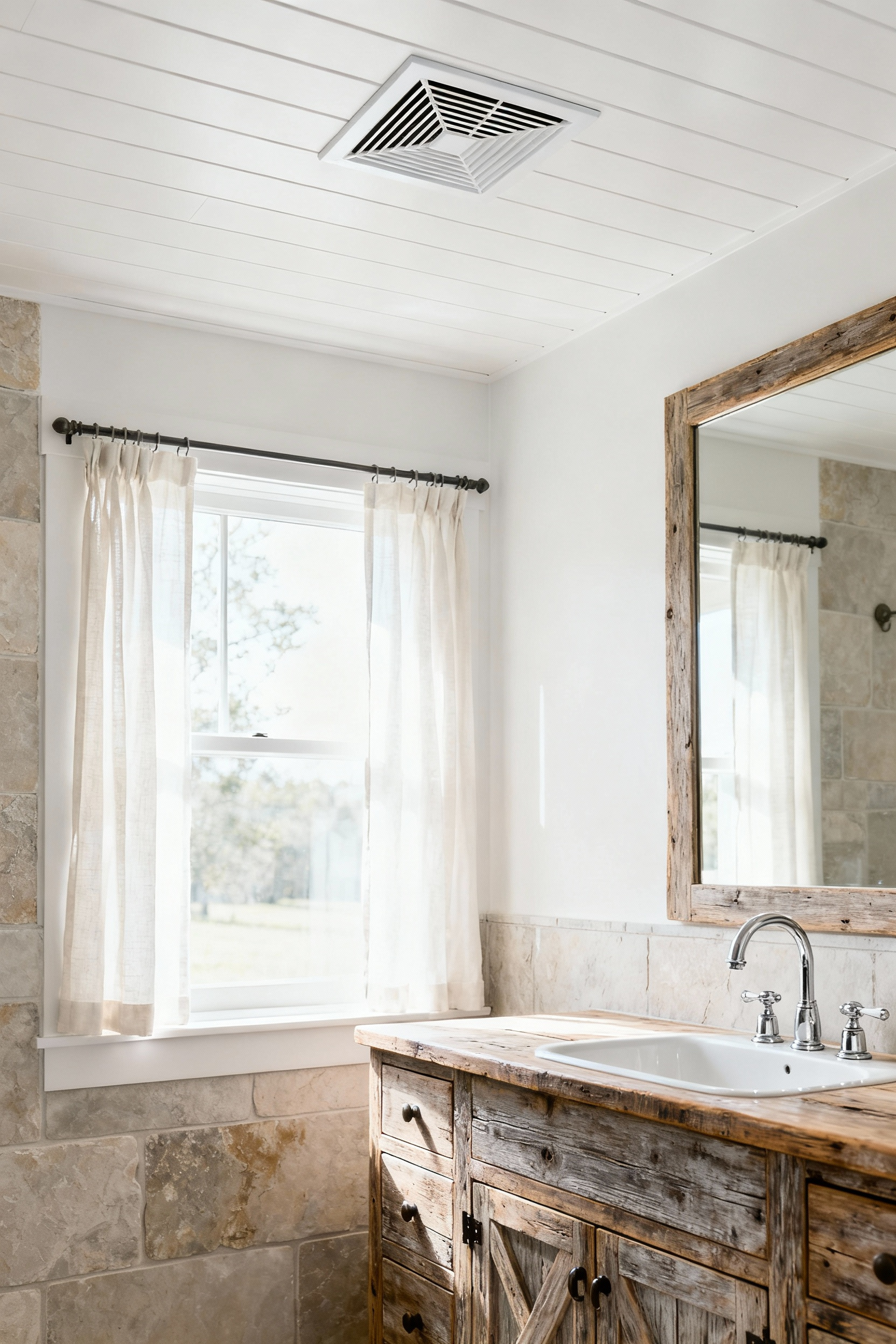 A serene farmhouse bathroom with excellent ventilation and humidity control, showcasing preserved natural wood, white shiplap walls, and a clean, airy environment.