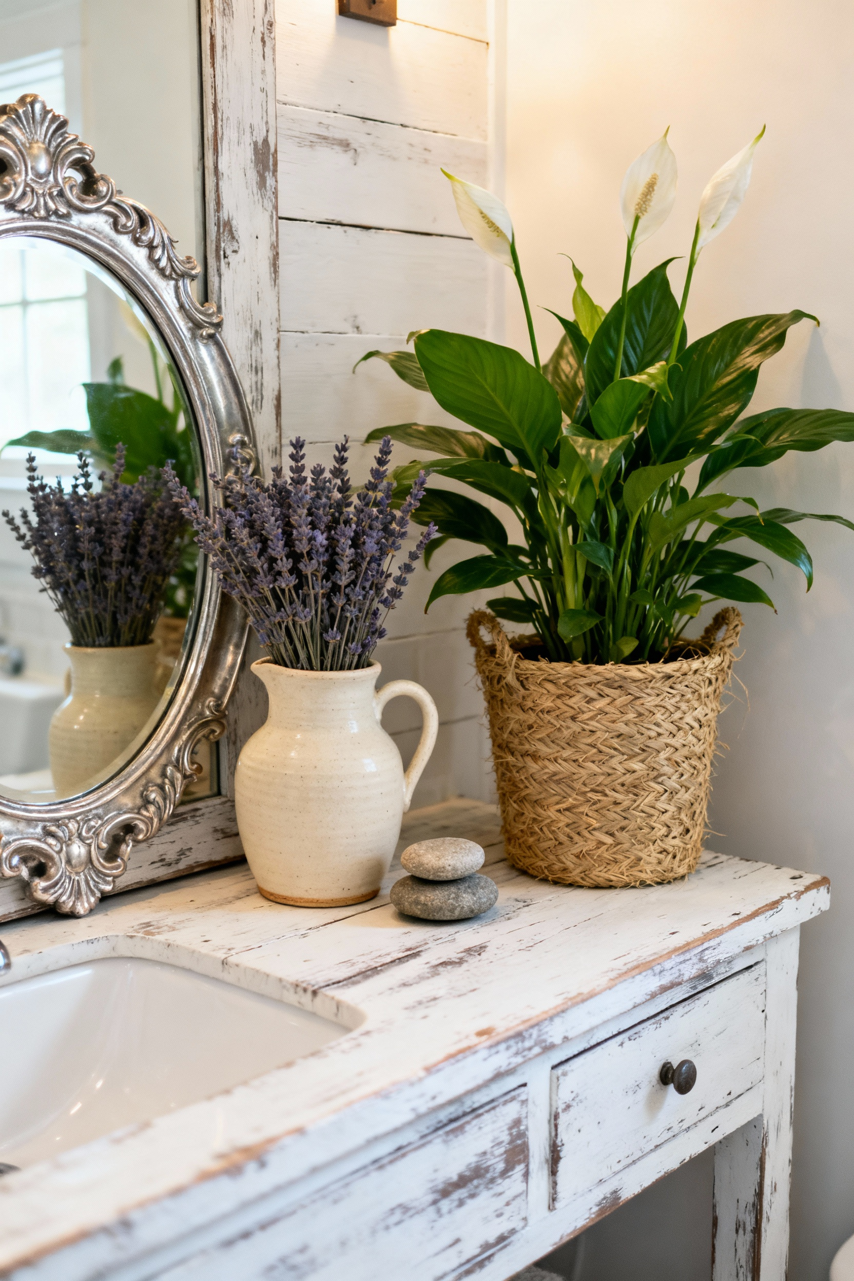 Curated vignette on a distressed wood console in a farmhouse bathroom featuring an antique mirror, dried lavender in a ceramic pitcher, river stones, and a Peace Lily in a woven basket.