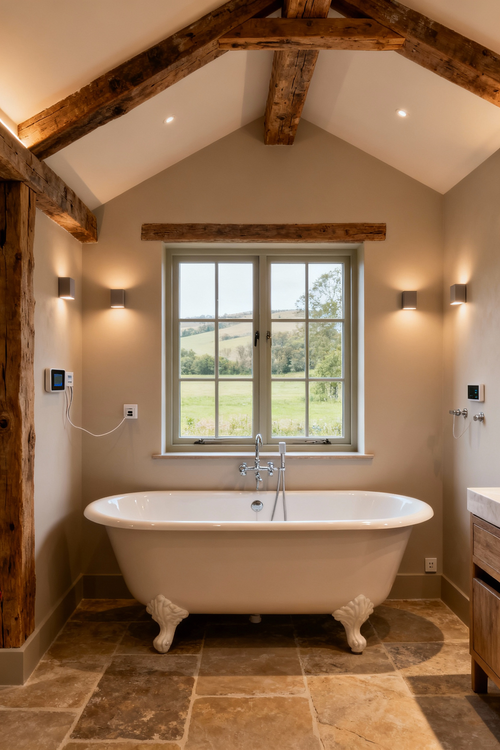 A beautifully designed farmhouse bathroom featuring a freestanding tub, natural light, and discreetly integrated wellness technology, representing a future-proof design.