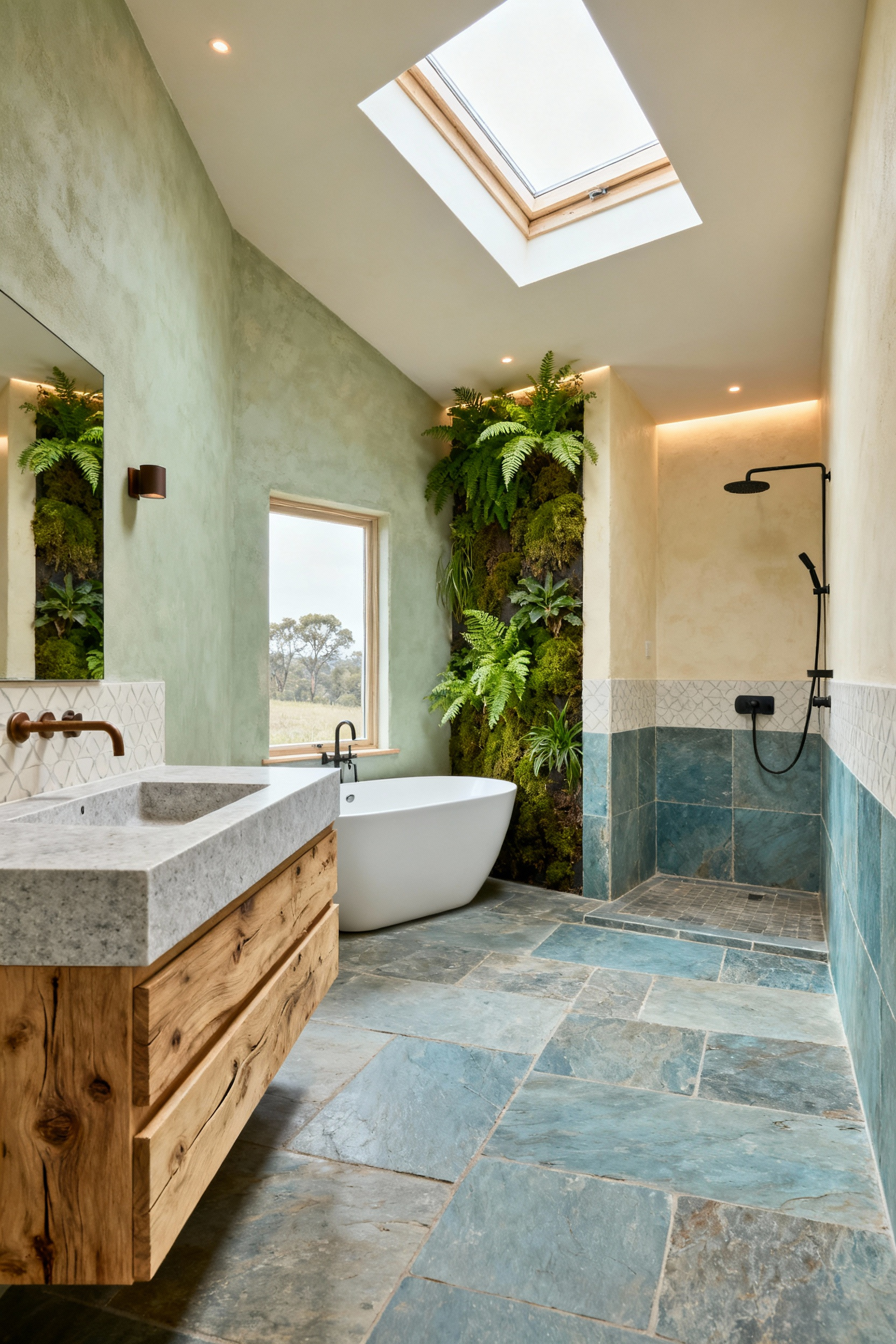 Rustic farmhouse bathroom interior with a spa aesthetic, featuring a reclaimed oak vanity, honed stone countertop, large freestanding tub, natural light from a skylight, a subtle live plant wall, and bluestone tiles in the shower. Showcases regenerative design.