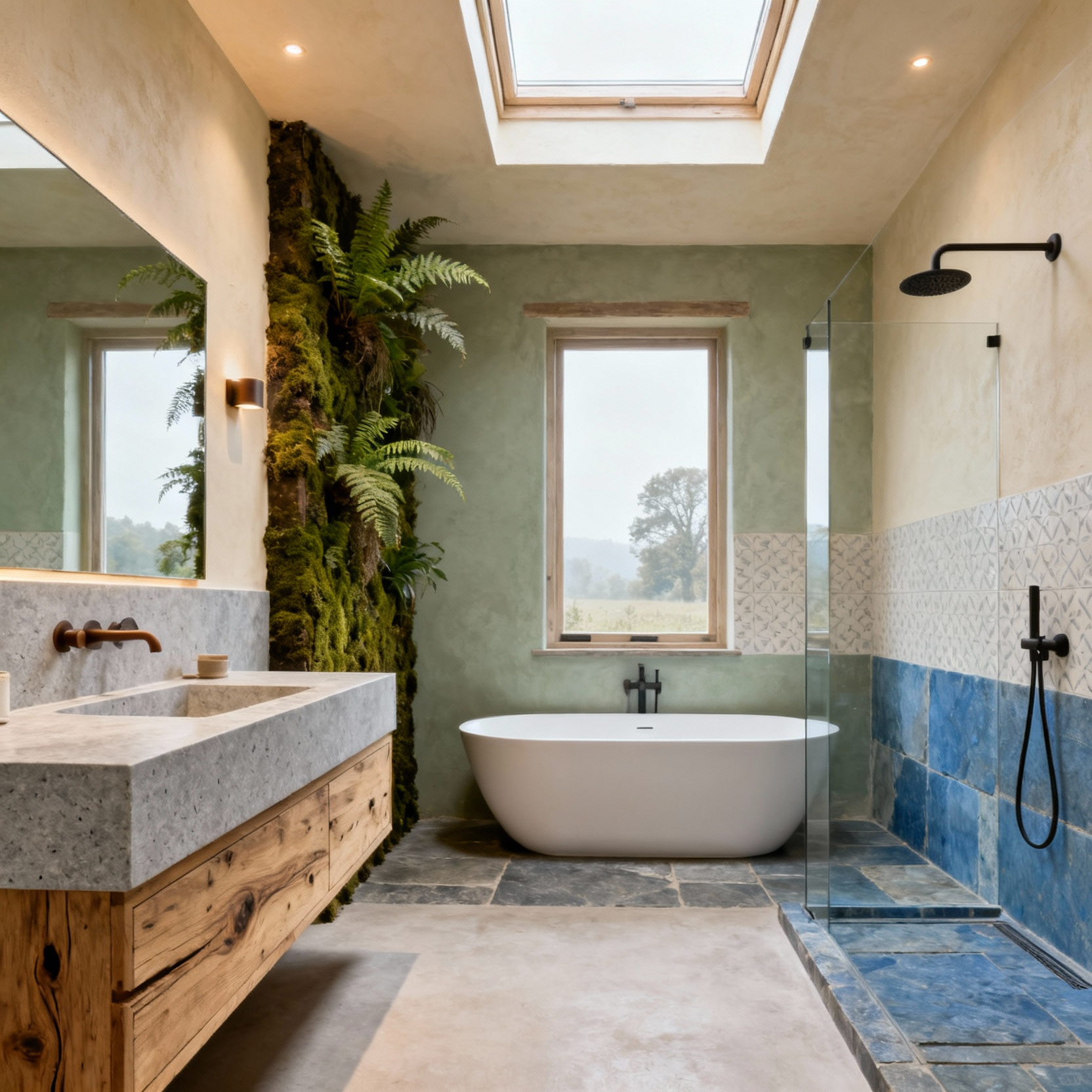 Rustic farmhouse bathroom interior with a spa aesthetic, featuring a reclaimed oak vanity, honed stone countertop, large freestanding tub, natural light from a skylight, a subtle live plant wall, and bluestone tiles in the shower. Showcases regenerative design.