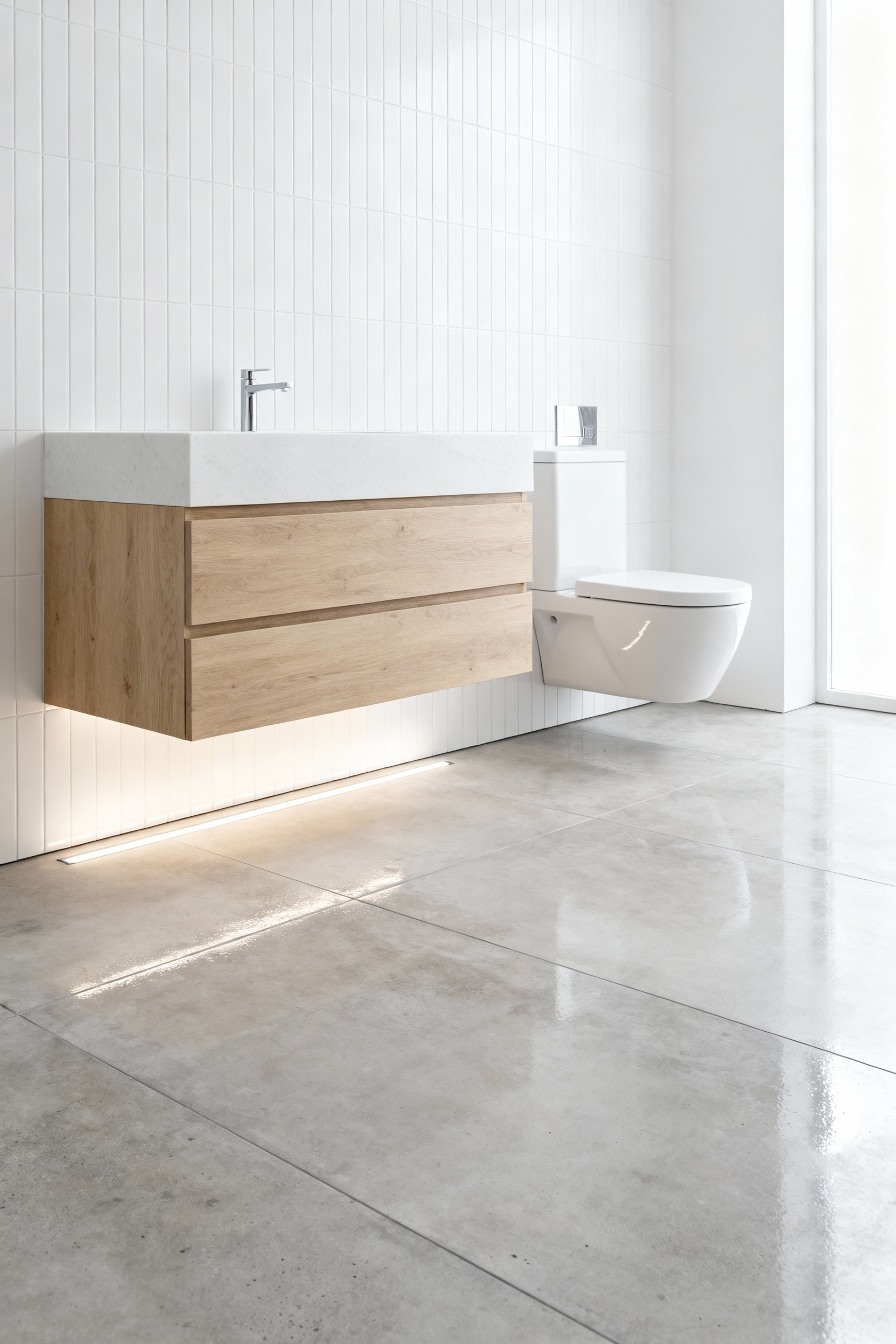 A modern bathroom featuring a floating light oak wall-mounted vanity and a wall-hung toilet maximizing floor space and simplifying cleaning.