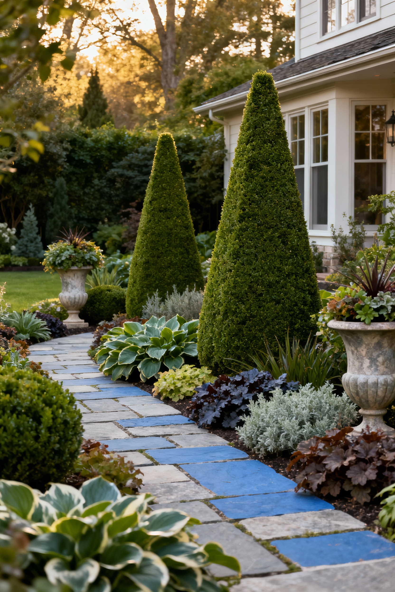A professional photo of a stunning front yard featuring a four-season botanical display. It includes sculpted evergreens, varied foliage, elegant bluestone pathways, and sophisticated container plantings under soft, natural lighting, designed for year-round visual interest.