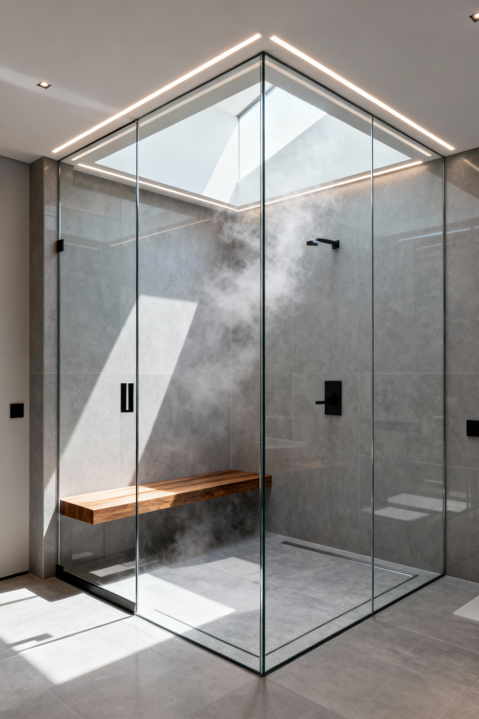 A modern residential steam shower enclosure featuring floor-to-ceiling frameless glass walls and large gray tiles, designed as an airtight vapor sanctuary for detoxification.
