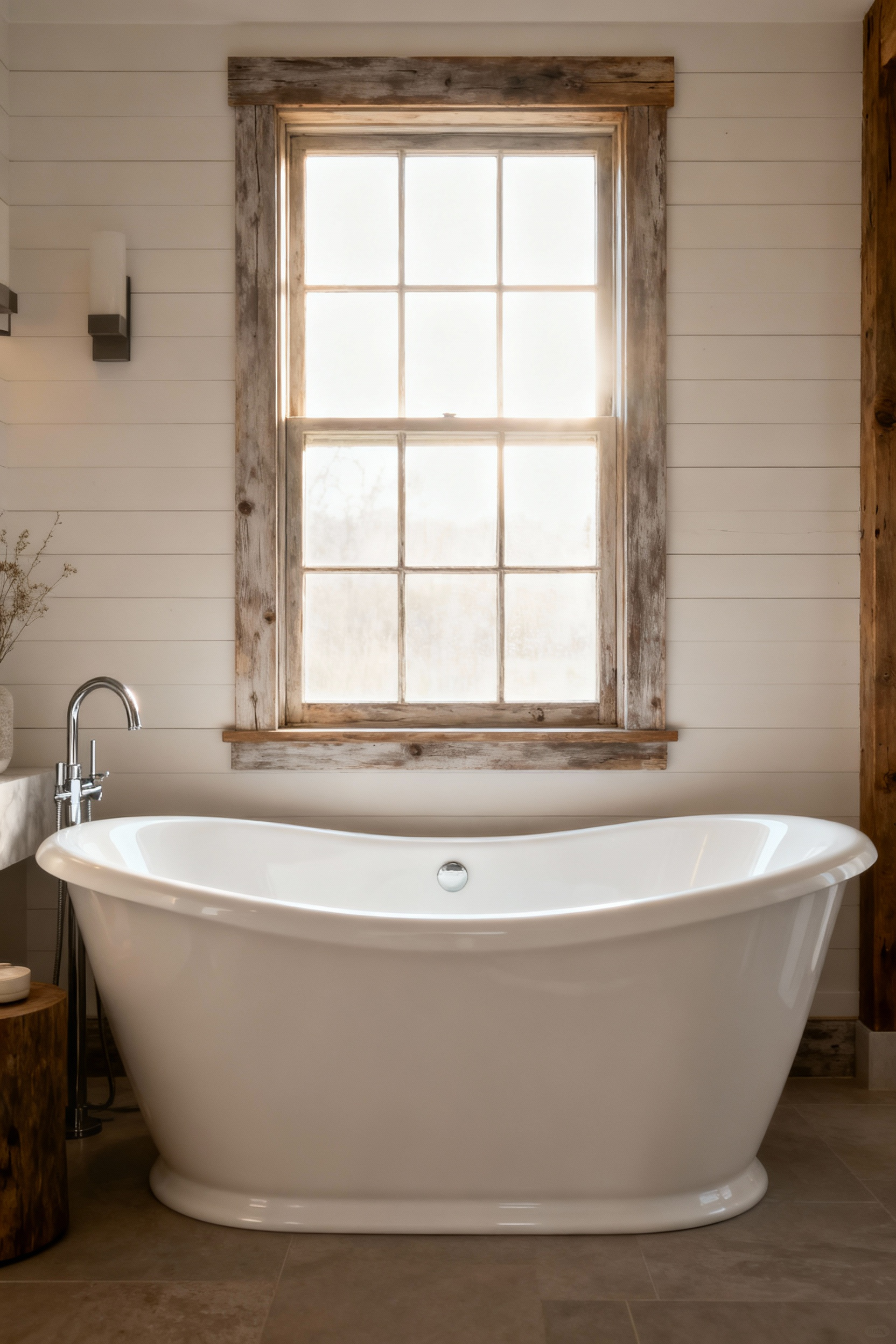 A pristine farmhouse bathroom featuring a white freestanding soaking tub as a prominent hydrotherapy focus, bathed in natural light, showcasing rustic and modern spa elements.