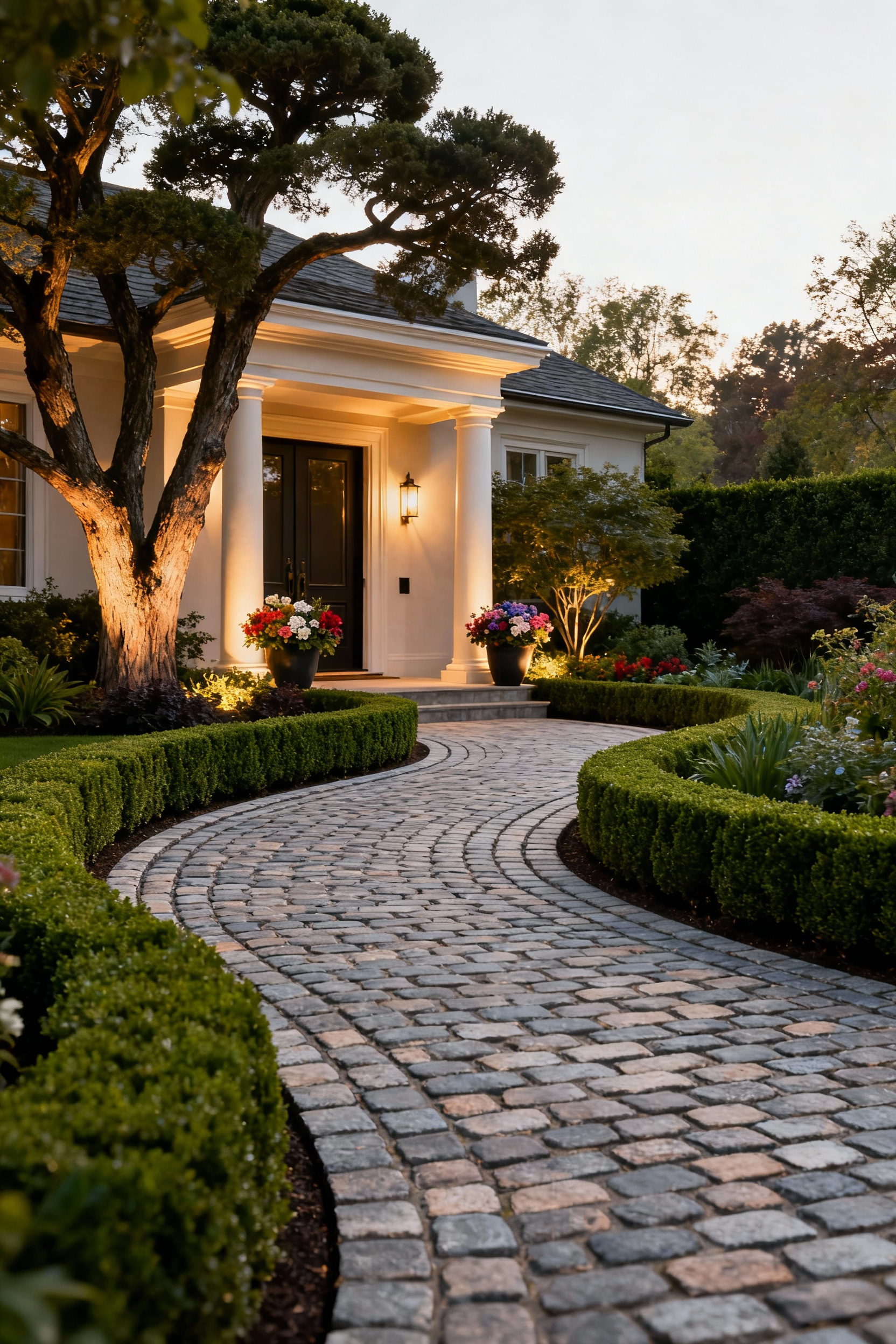 Elegant front yard entryway design featuring a cobblestone pathway, manicured hedges, layered plantings, and strategic lighting, illustrating a smooth public-to-private realm transition.