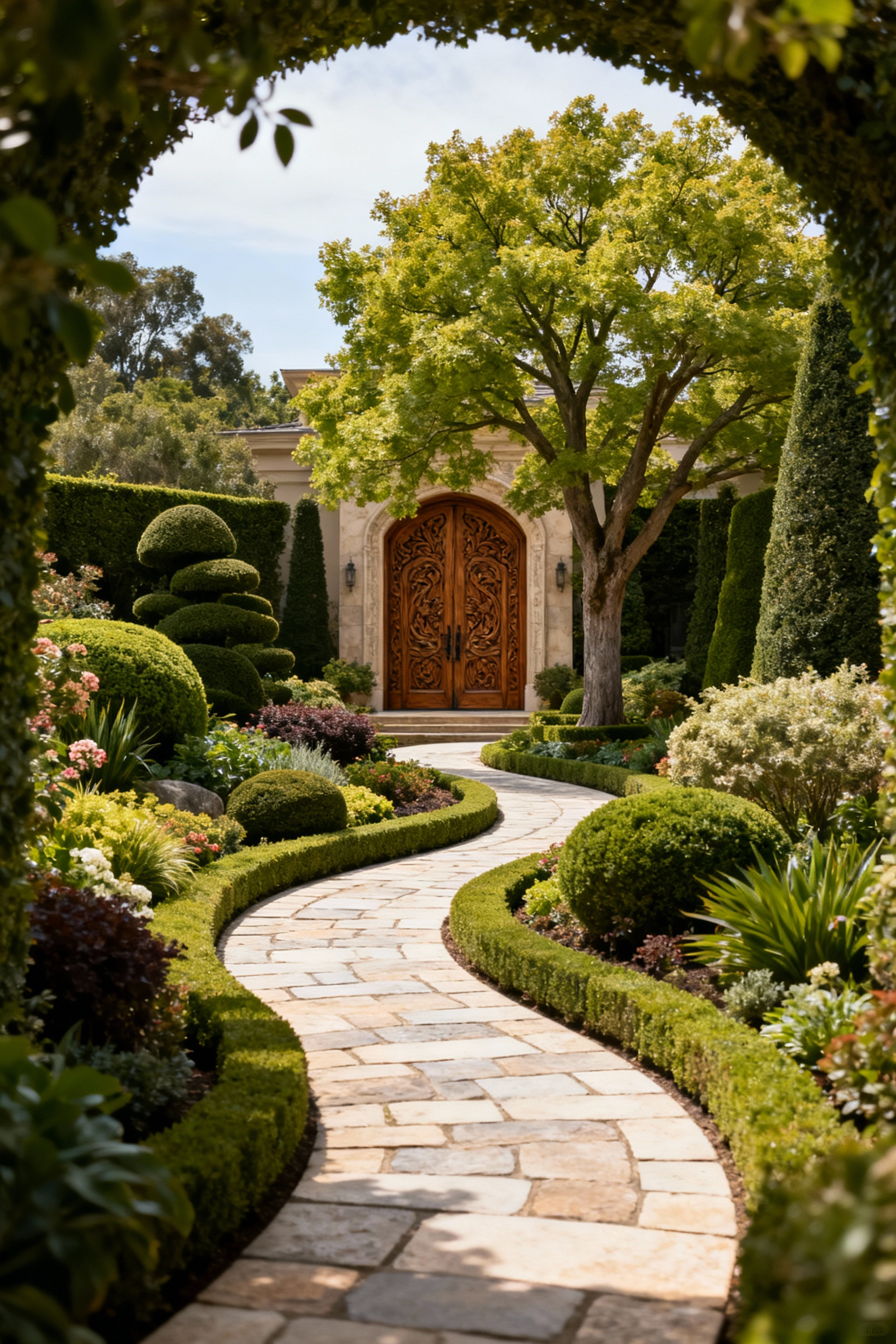 An elegant front yard demonstrating dynamic view corridors with a winding stone path leading to a grand entrance, framed by lush structural plantings and a mature tree.