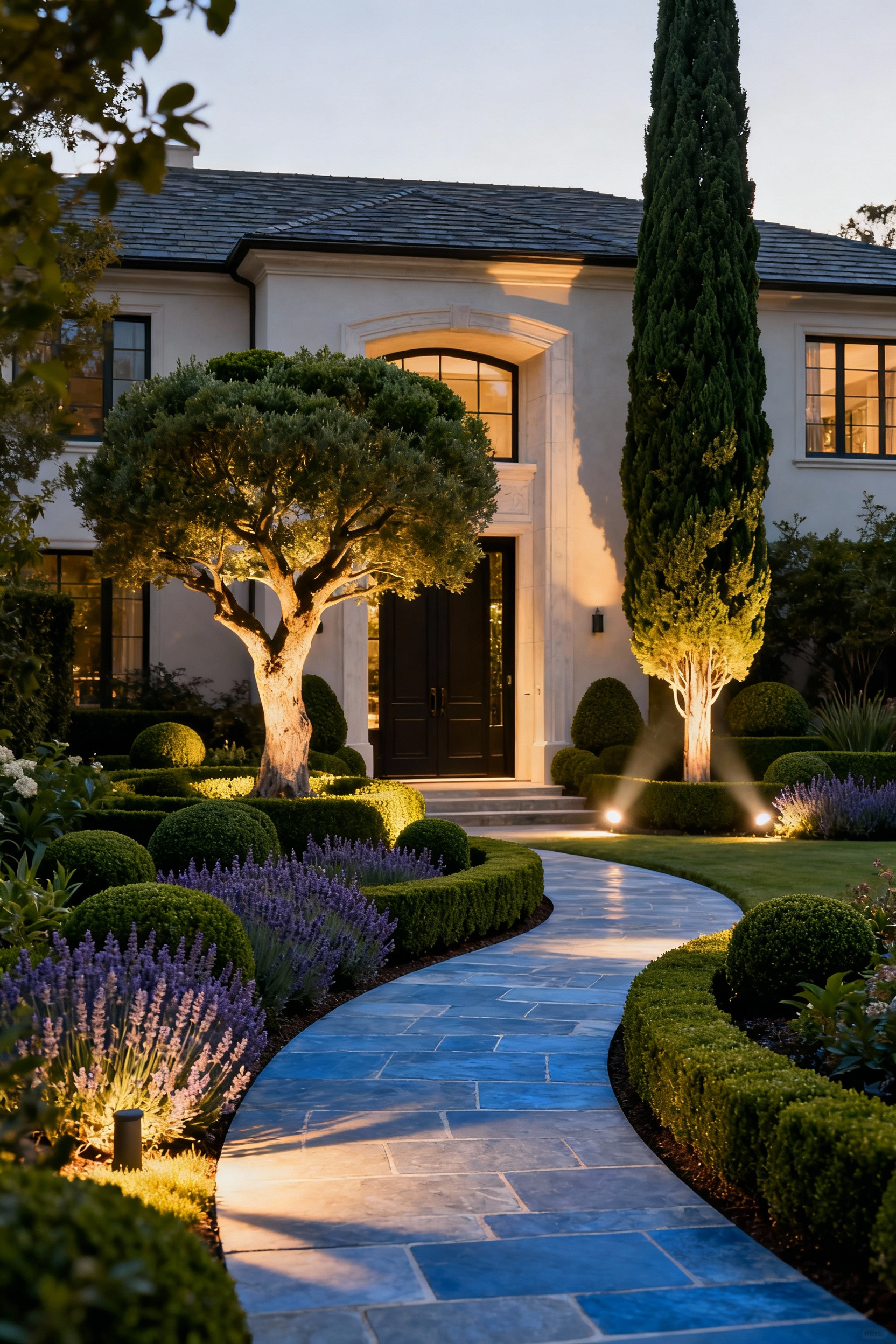 An upscale front yard showcasing sophisticated visual hierarchy with a bluestone pathway leading to an elegant home entryway, framed by layered plantings and a prominent specimen tree under golden hour lighting. The composition intentionally guides the viewer's eye.