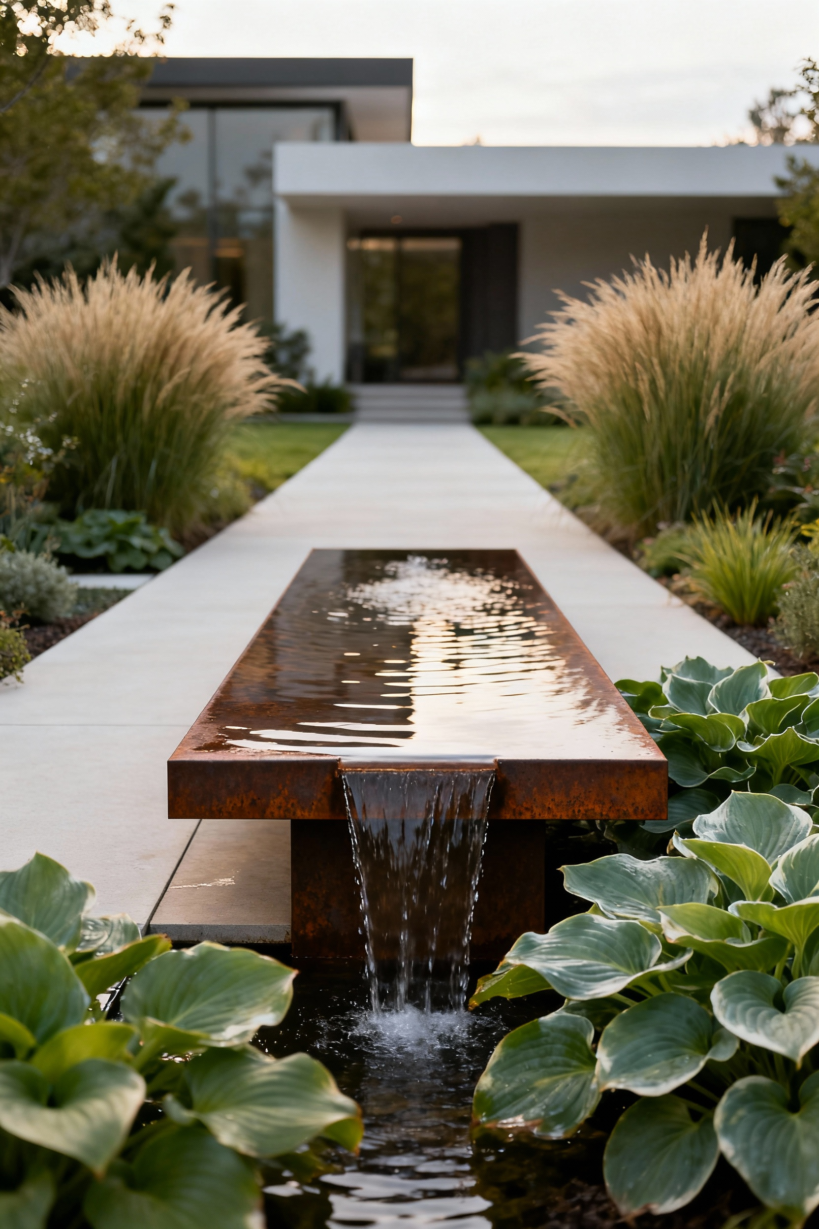 A beautifully landscaped modern front yard featuring a low-profile corten steel water table with gentle flowing water, surrounded by sculptural grasses, serving as a sophisticated visual and auditory anchor near a clean pathway leading to a home.