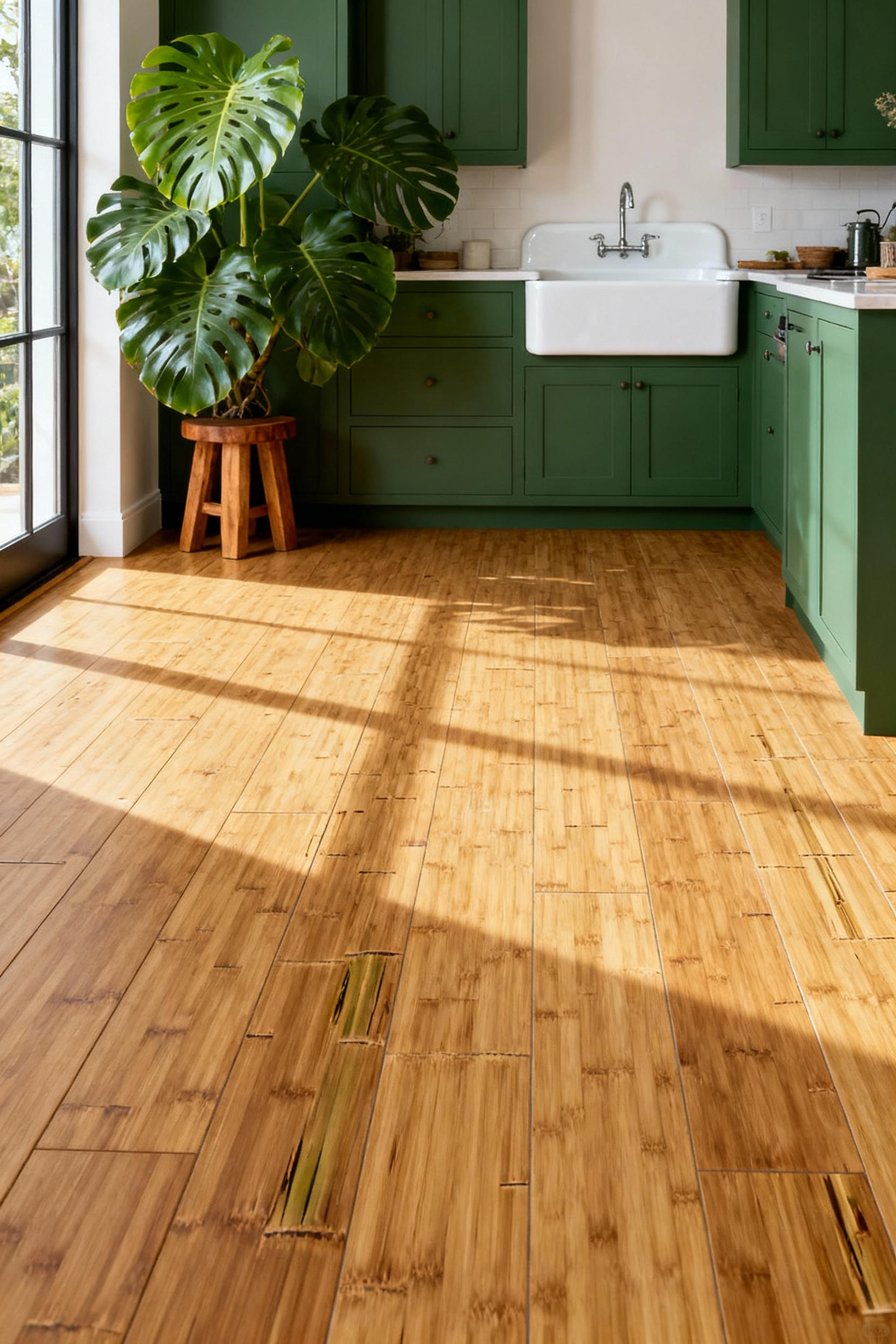A detailed view of a green kitchen featuring durable, moisture-resistant strand-woven bamboo flooring, designed to handle high humidity and spills.