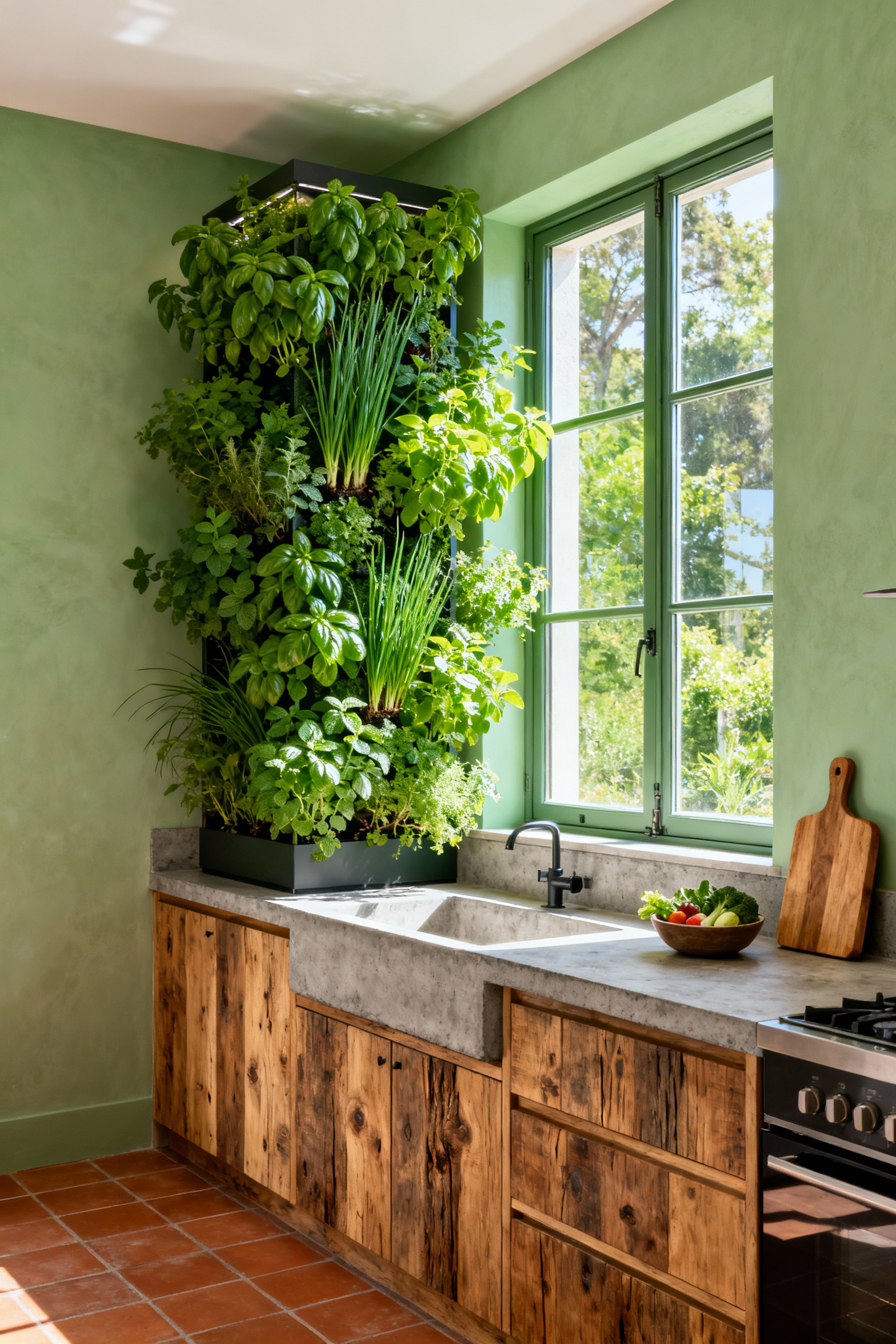 Full view of a modern green kitchen featuring an integrated vertical herb garden by a south-facing window, emphasizing natural wood cabinets and breathable concrete counters.