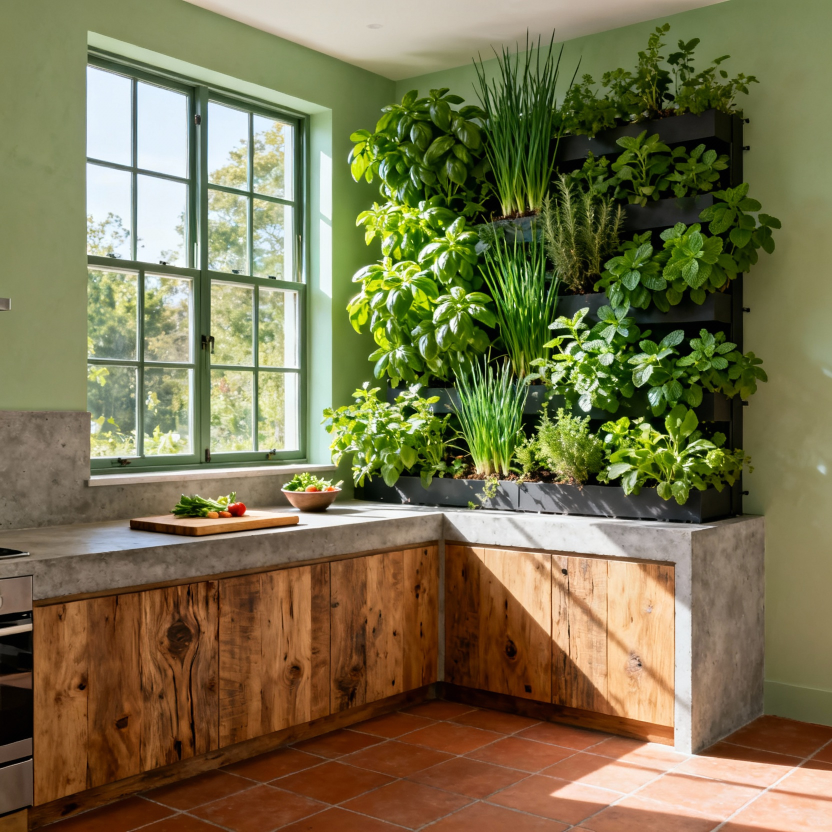 Full view of a modern green kitchen featuring an integrated vertical herb garden by a south-facing window, emphasizing natural wood cabinets and breathable concrete counters.