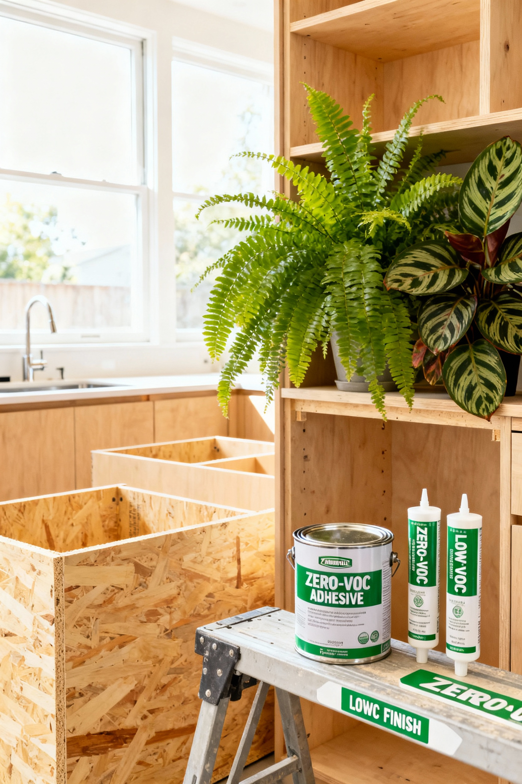 Unfinished green kitchen cabinet boxes built from formaldehyde-free plywood, resting next to containers of zero-VOC adhesives and healthy green indoor plants, emphasizing non-toxic construction.