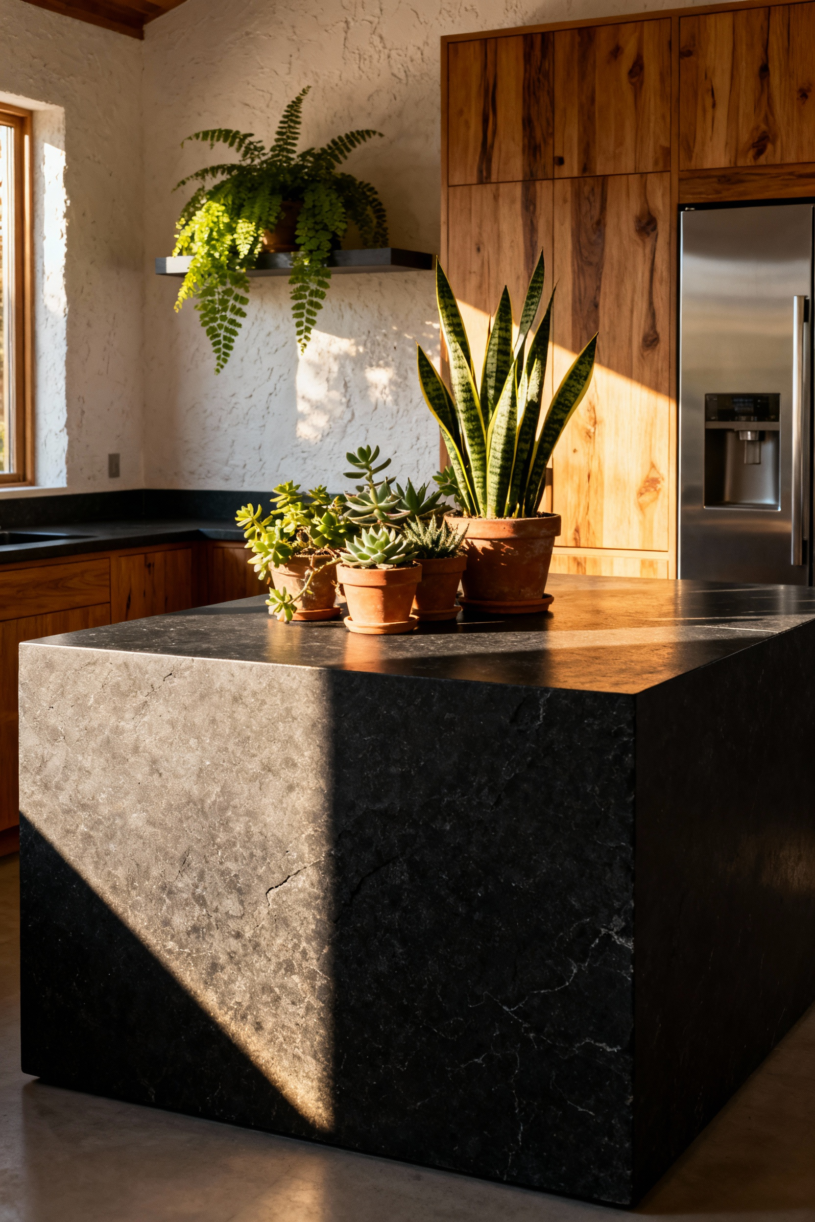 Wide-angle photograph of a modern green kitchen showing a large black soapstone countertop hit by intense afternoon sun, illustrating a kitchen microclimate heat island where robust succulents thrive near a heat source.
