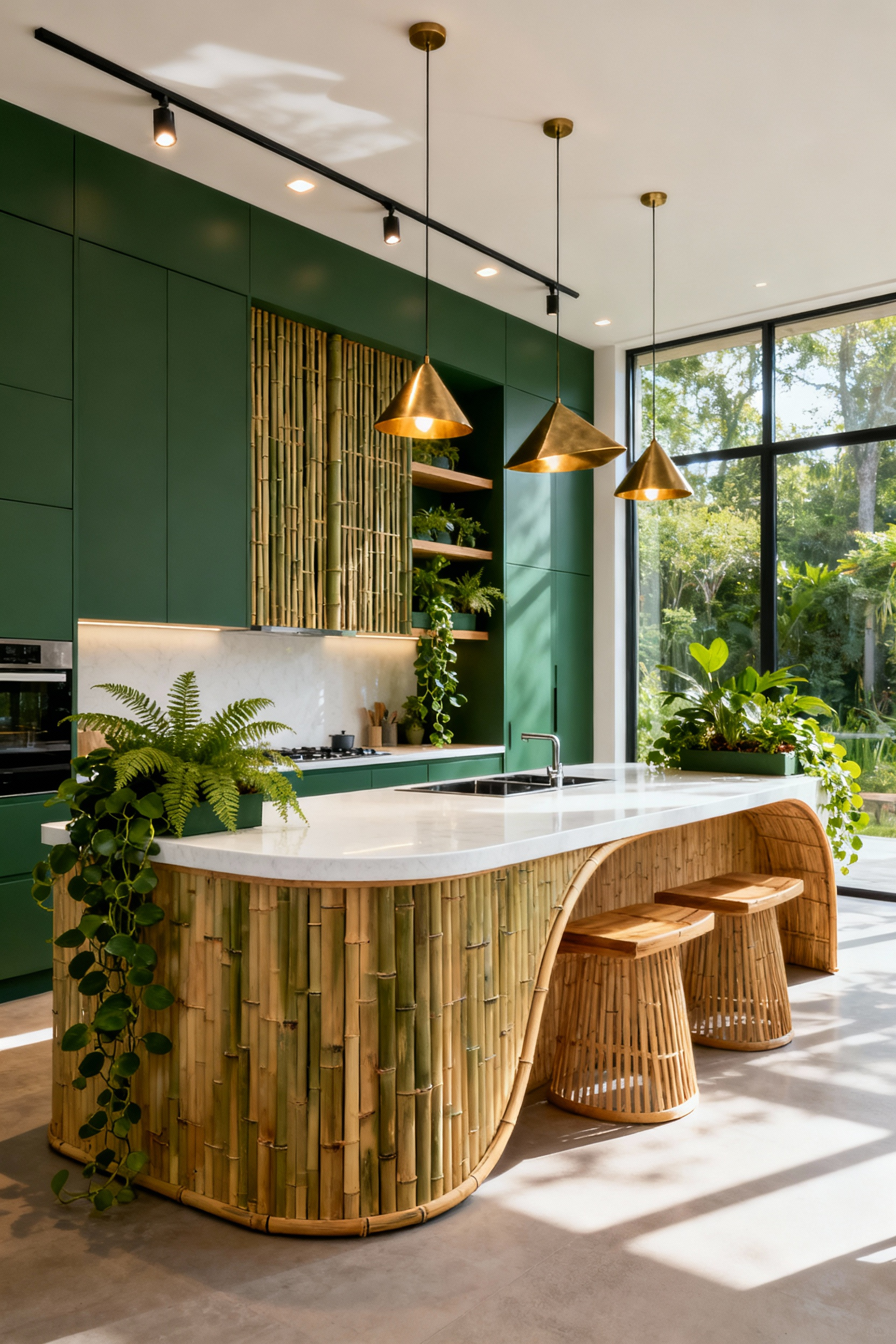 A full scene view of a contemporary green kitchen featuring a long, multifunctional island that separates the culinary workspace from the bamboo-accented social hub, demonstrating advanced biophilic design and spatial zoning.