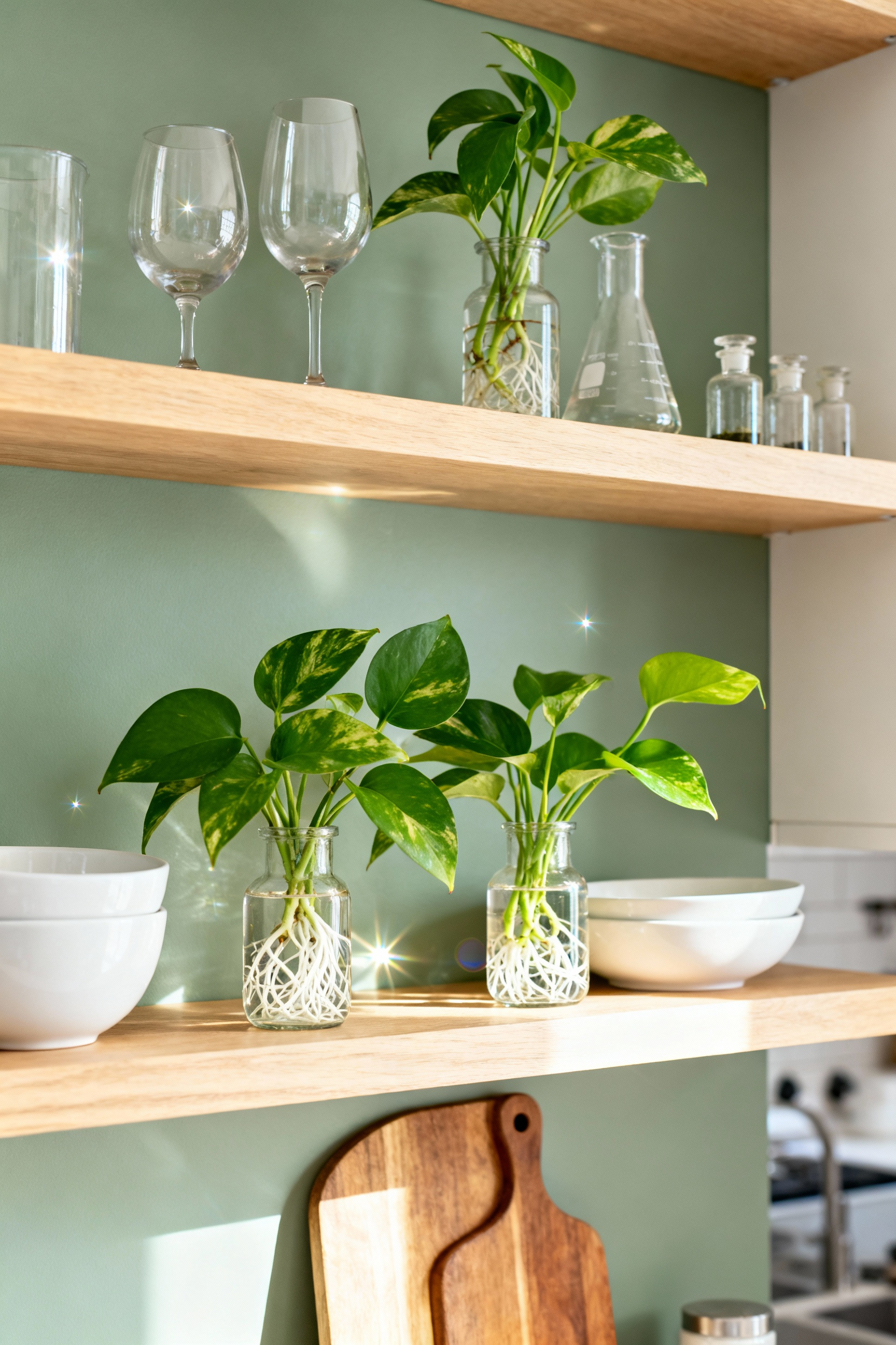 Open kitchen shelves displaying a botanical propagation station featuring vintage beakers and clear glassware filled with green plant cuttings and visible roots, interspersed with stacked white ceramic kitchenware under soft morning light.