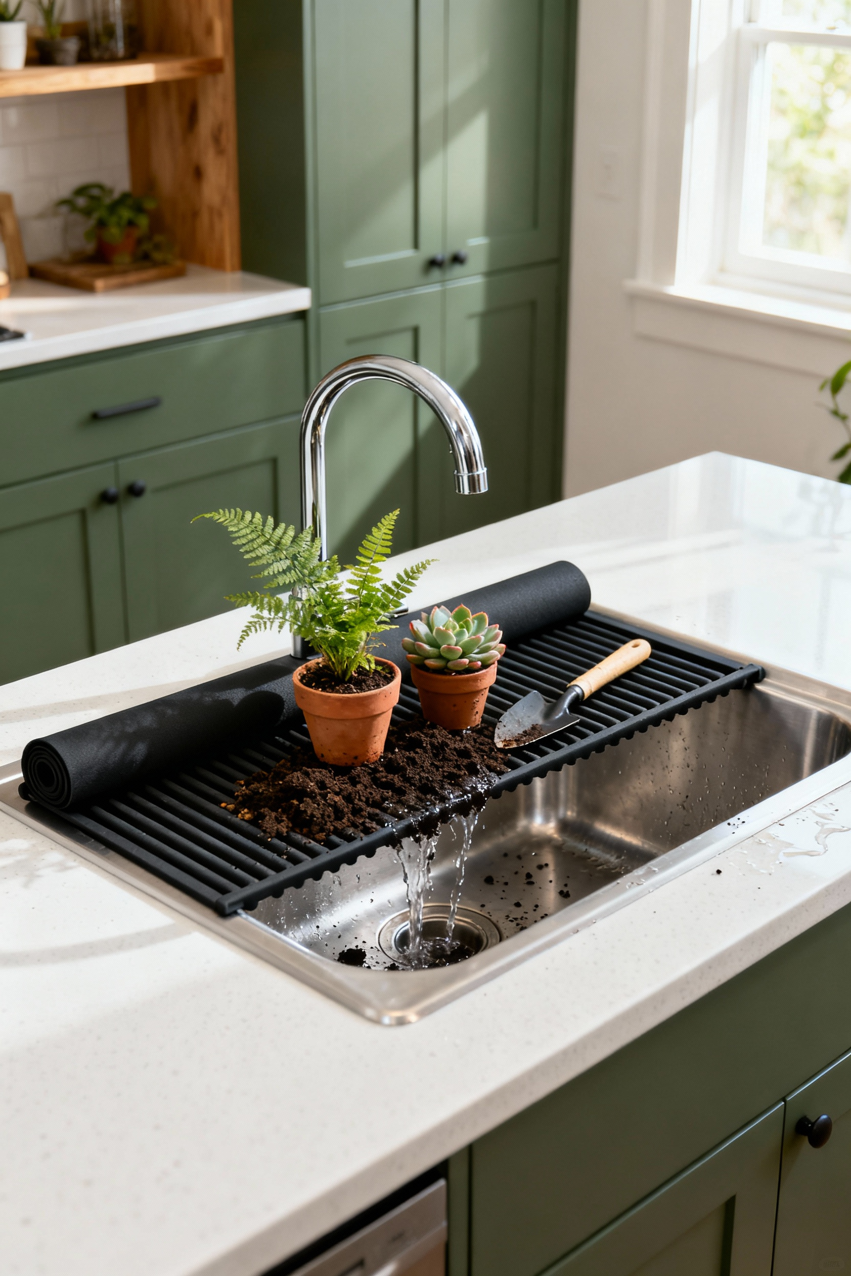 Deep kitchen sink with a roll-up rack used as a plant watering and re-potting station (Sinkscape), capturing soil runoff instantly for a mess-free green kitchen design with integrated drainage.