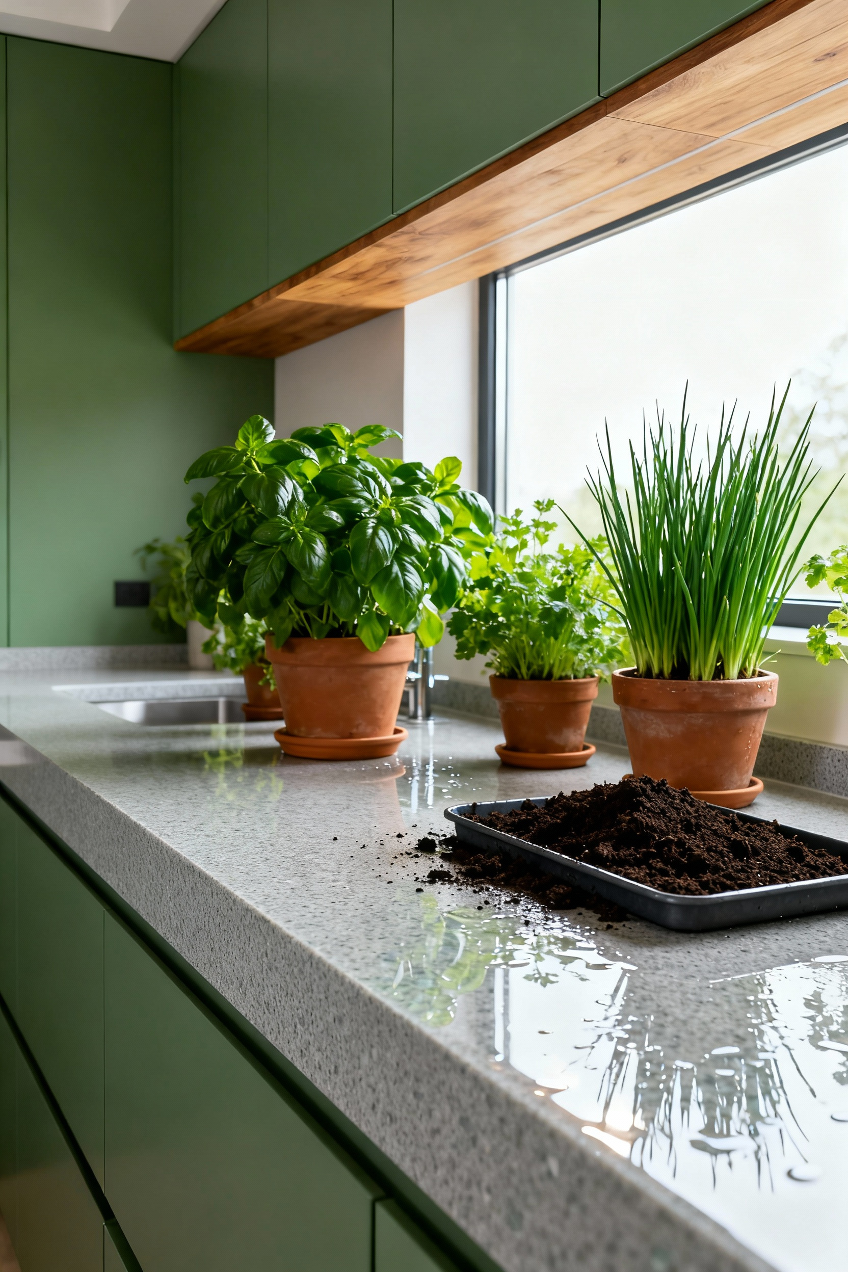 Modern green kitchen design featuring a wet, non-porous sintered stone countertop supporting potted herbs and soil, highlighting a durable hardscape foundation for indoor gardening.