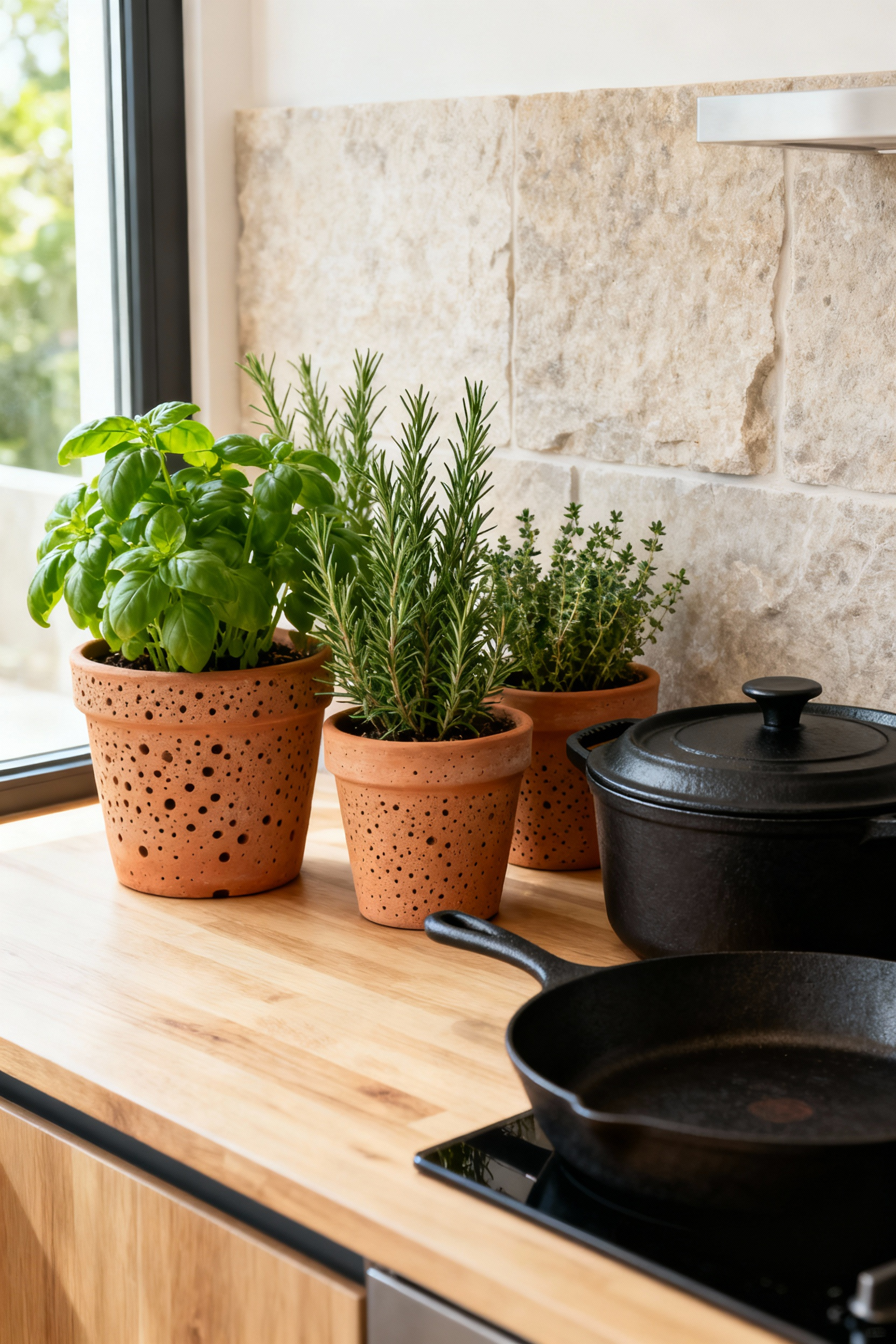 Unglazed terracotta herb planters and matte black cast iron cookware arranged on a light kitchen counter, illustrating the pairing of porous natural textures with grounded, heavy materials for a cohesive green kitchen design.