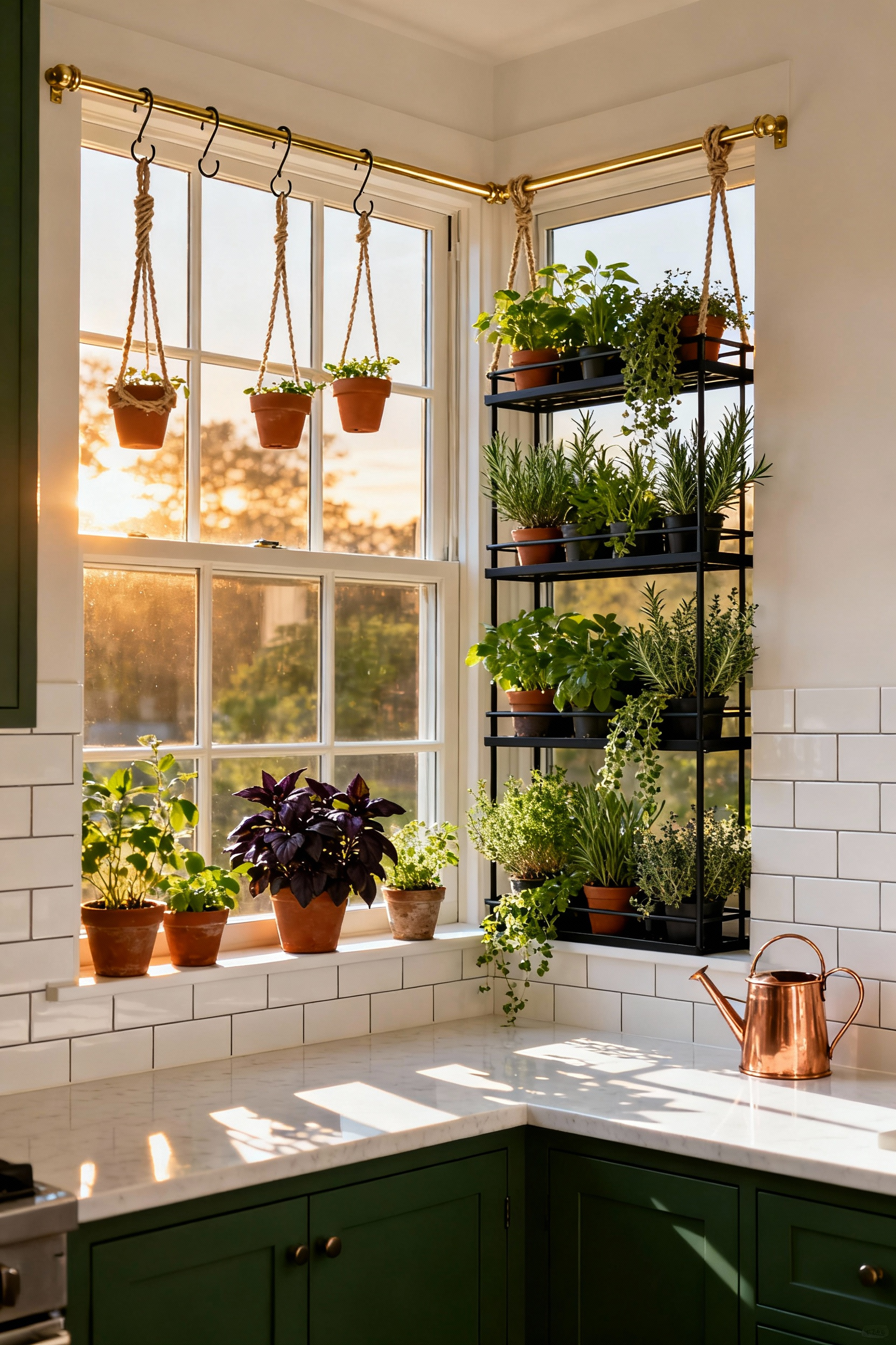 Organized green kitchen window sill system featuring tiered shelving and hanging herbs like basil and rosemary, strategically maximizing light exposure in a south-facing window.