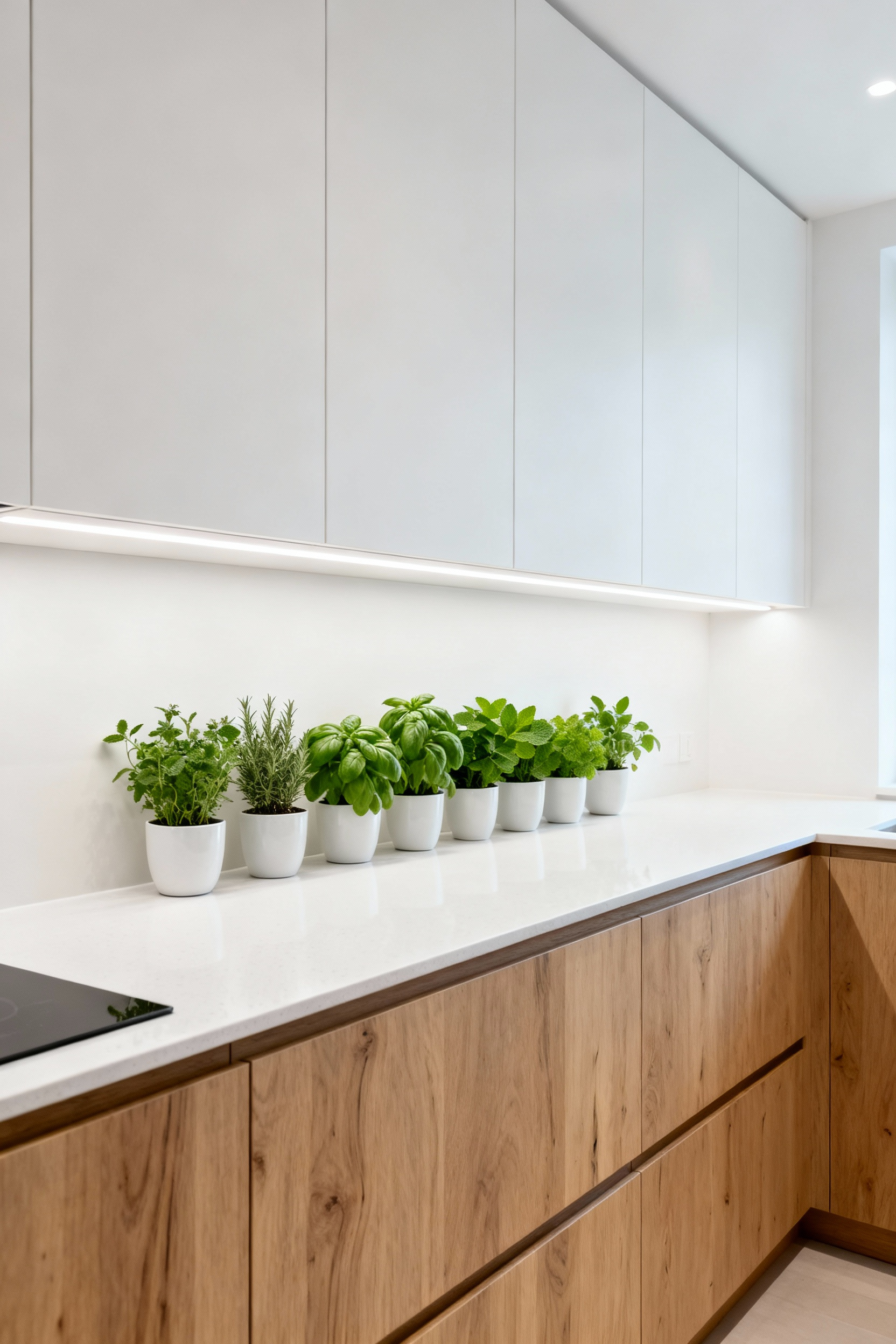 Modern green kitchen design featuring sleek white cabinetry. Hidden full-spectrum LED grow lights (4500K) are integrated into the cabinet joinery, illuminating thriving pots of basil and mint on the white quartz countertop beneath.