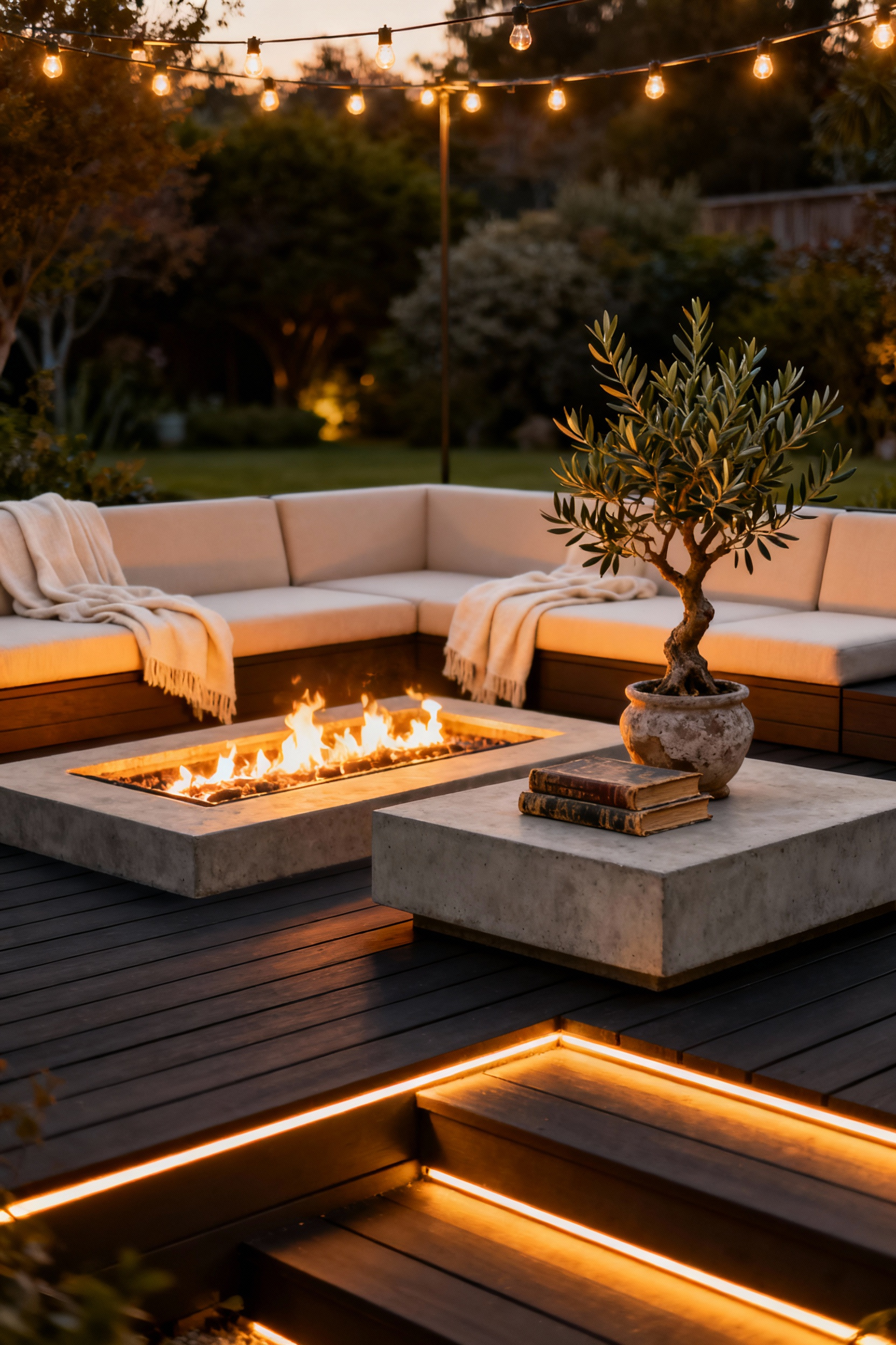 Luxurious, well-lit deck seating area at dusk, illustrating intentional design and mood setting for high-end outdoor living.
