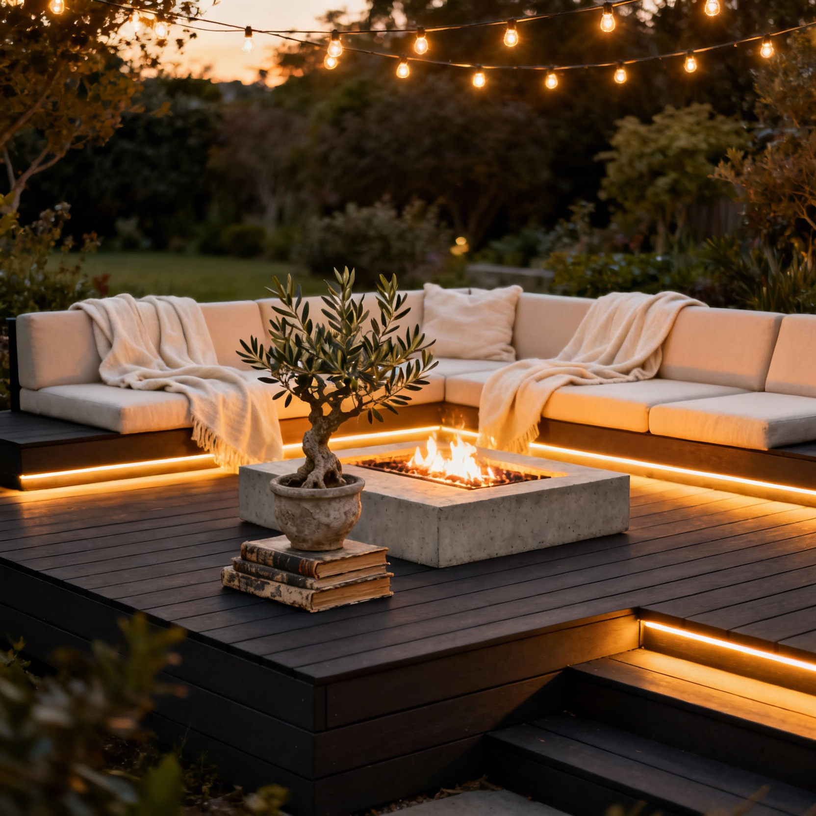 Luxurious, well-lit deck seating area at dusk, illustrating intentional design and mood setting for high-end outdoor living.