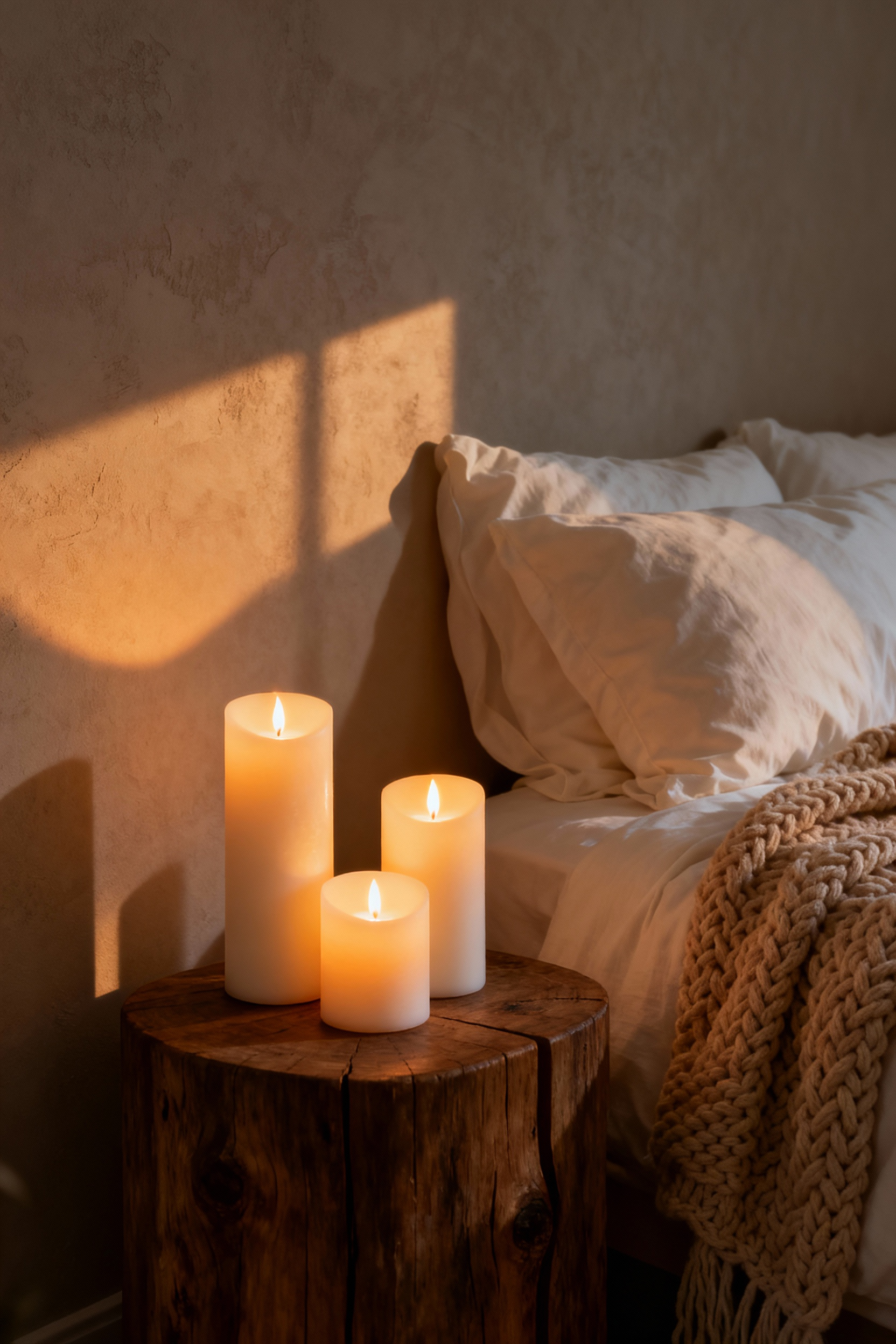 A cozy bedroom scene featuring a bedside table lit solely by three flickering, warm-toned flameless pillar candles, highlighting a safe, melatonin-boosting environment for sleep.