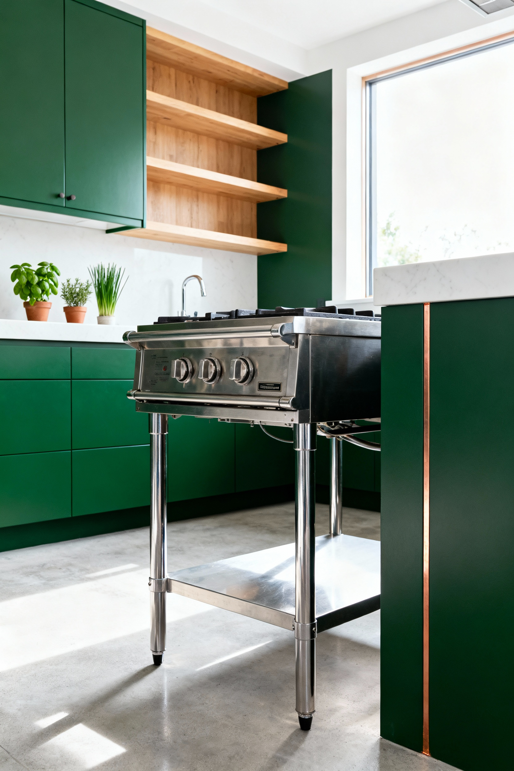Modern green kitchen featuring elevated stainless steel appliances and smooth, sealed surfaces, illustrating structural design principles for pest exclusion and easy hygiene maintenance.