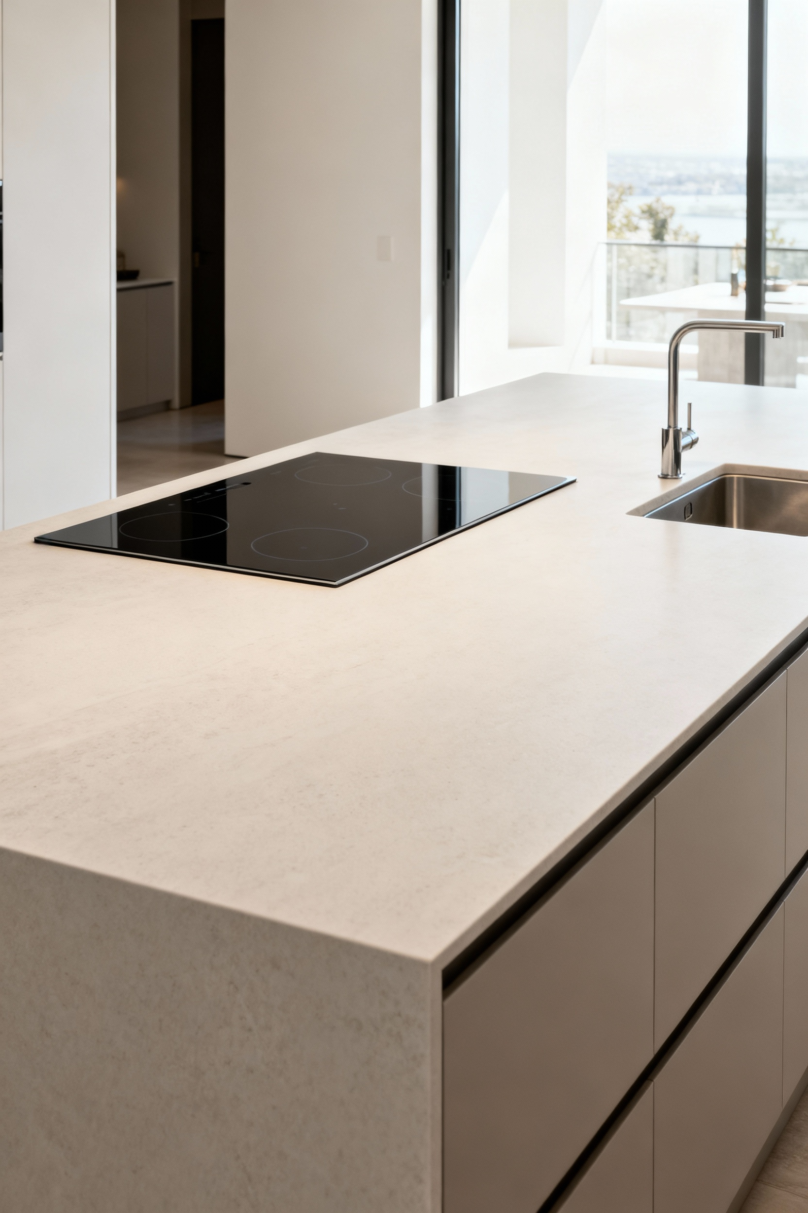 Modern kitchen island with seamlessly integrated induction cooktop and under-mount sink in a quartz countertop, demonstrating advanced functionality.