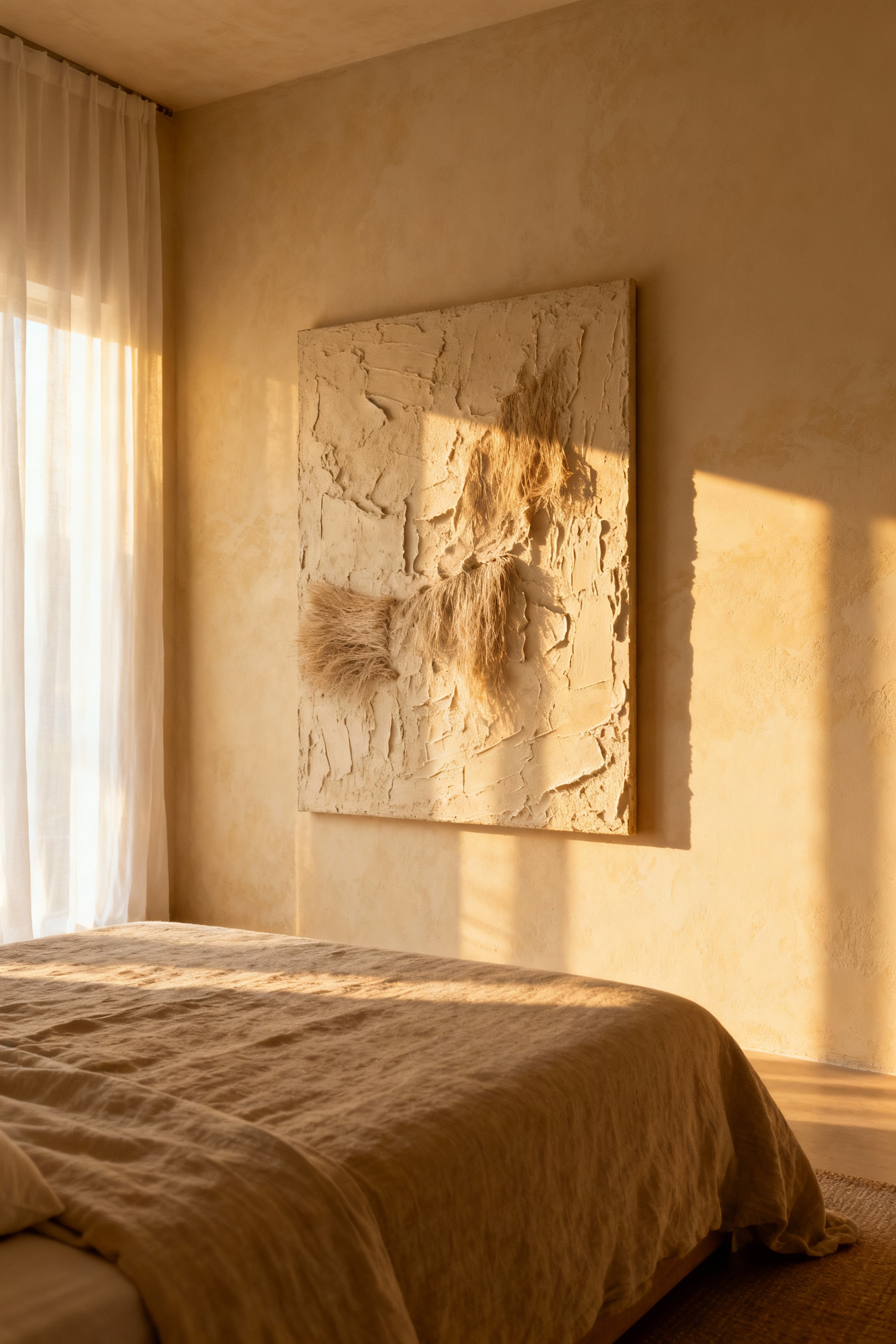 A photograph showing a minimalist bedroom interior with a single piece of textured abstract art displayed with generous negative space above a linen-covered bed, emphasizing intimacy and contemplation.